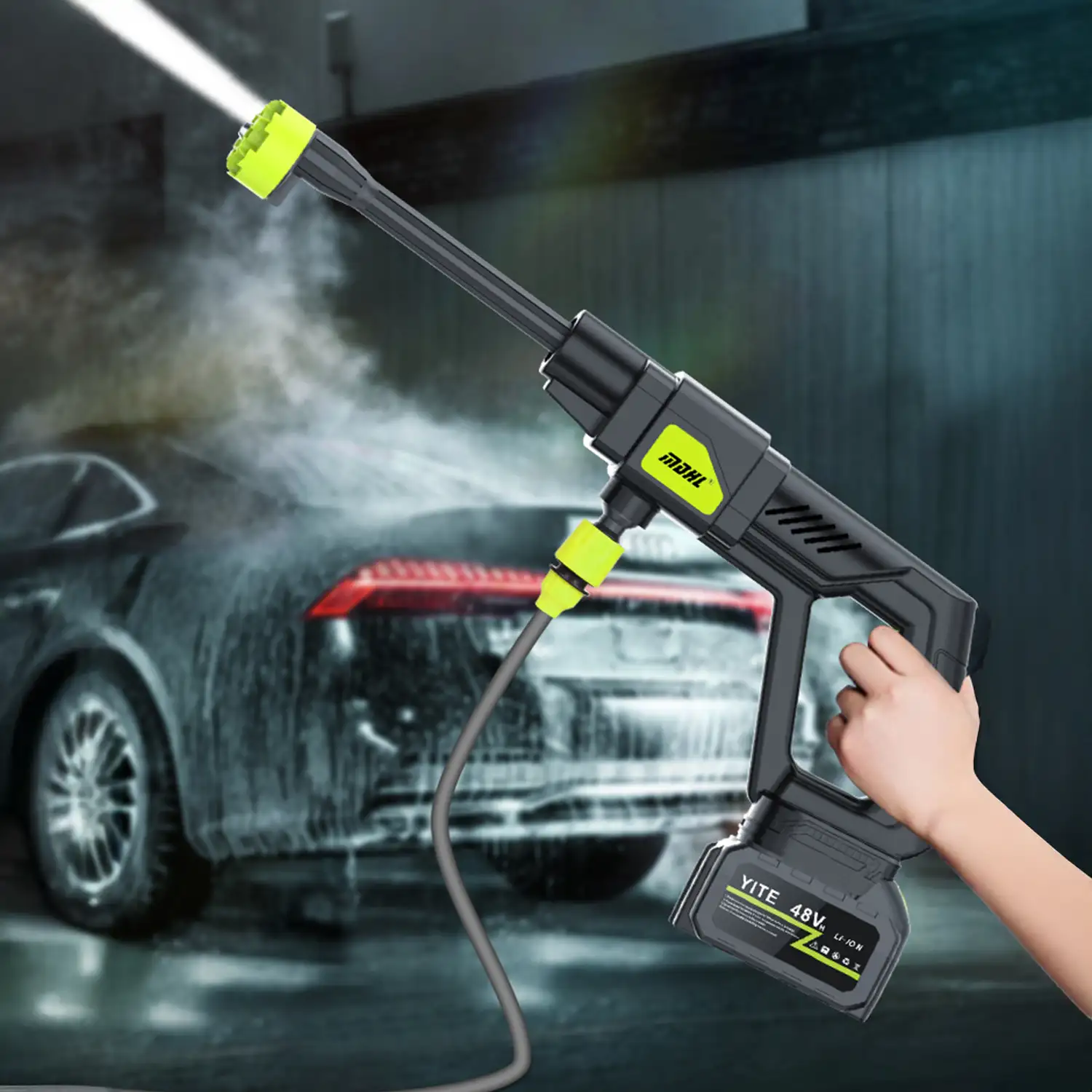 Pistola de lavado a presión 7 en 1 con batería incorporada de 12000 mAh, 300W de potencia y 30 bares de presión.