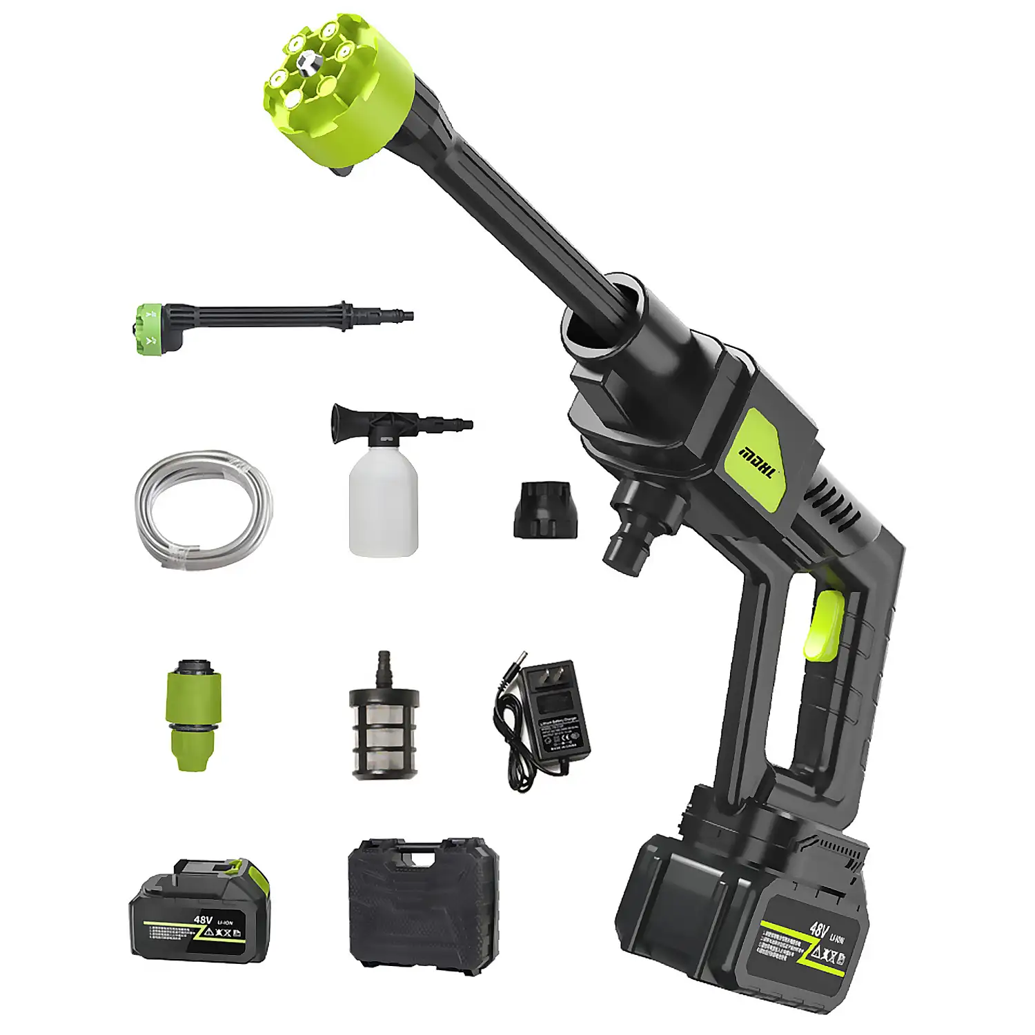 Pistola de lavado a presión 7 en 1 con batería incorporada de 12000 mAh, 300W de potencia y 30 bares de presión.