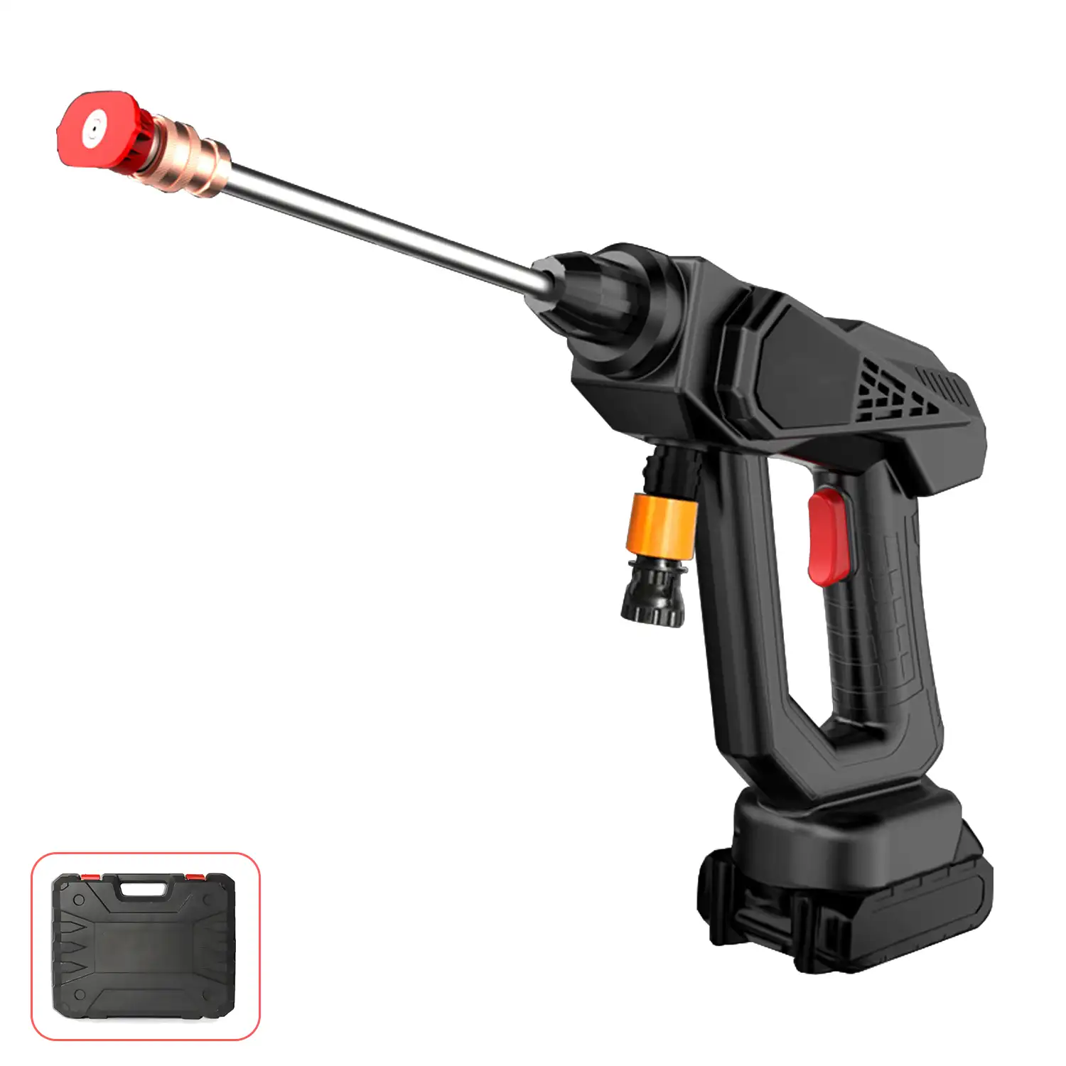 Pistola de lavado a presión con batería incorporada de 18000 mAh, 3 adaptadores de lavado diferentes, 300W de potencia y 30 bares de presión.