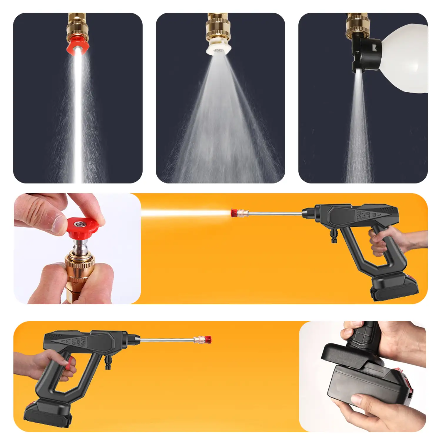 Pistola de lavado a presión con batería incorporada de 18000 mAh, 3 adaptadores de lavado diferentes, 300W de potencia y 30 bares de presión.