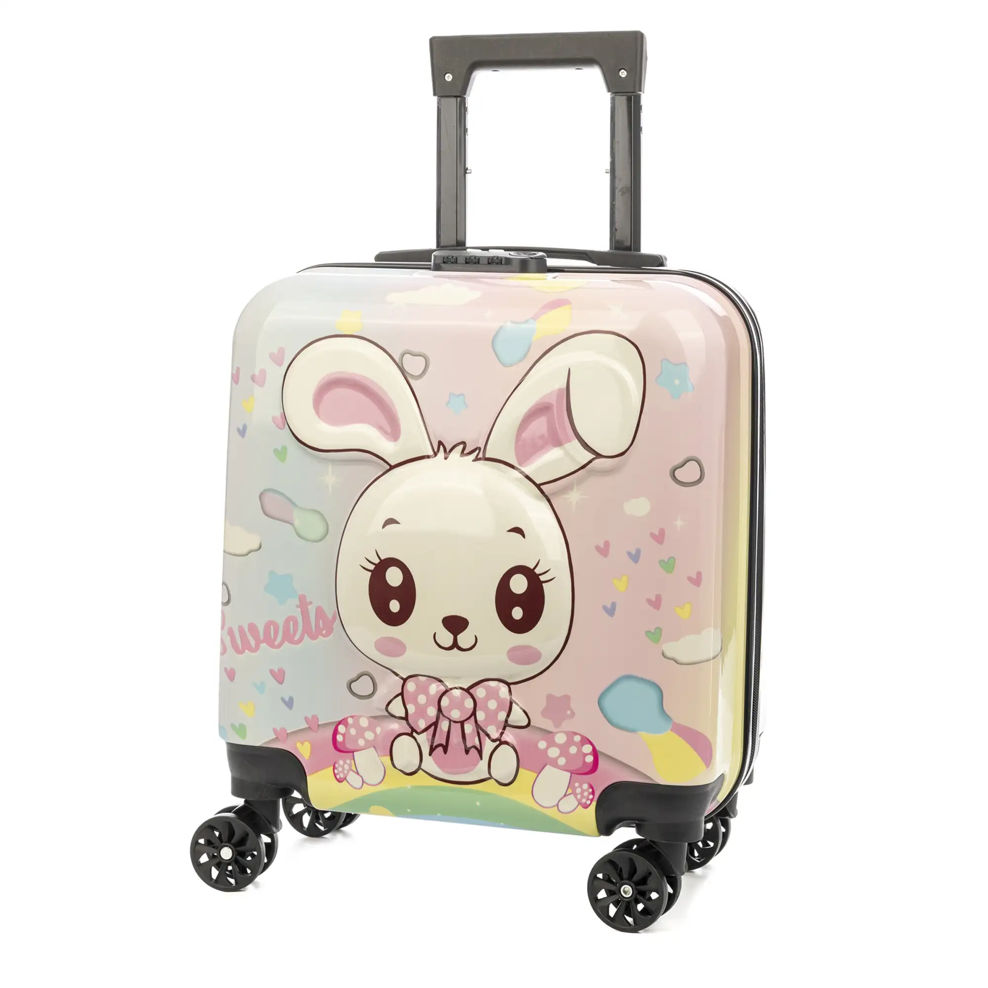 Maleta trolley infantil en material ligero de ABS de alta resistencia. Cerradura numérica, 4 ruedas dobles giratorias 360°. Diseño de conejo. 35x23x45 cm.