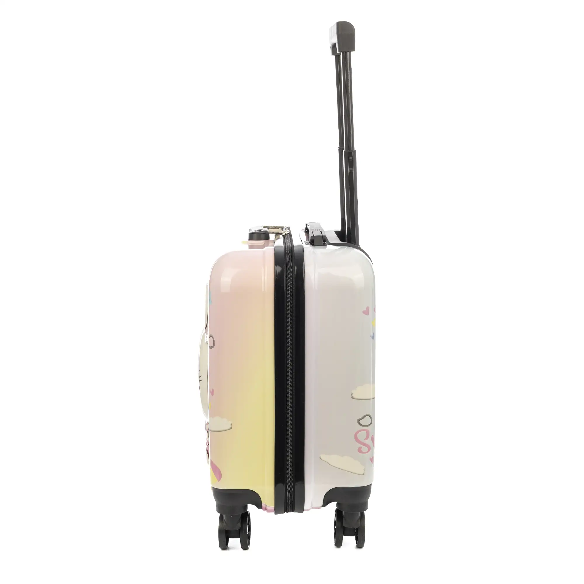 Maleta trolley infantil en material ligero de ABS de alta resistencia. Cerradura numérica, 4 ruedas dobles giratorias 360°. Diseño de conejo. 35x23x45 cm.