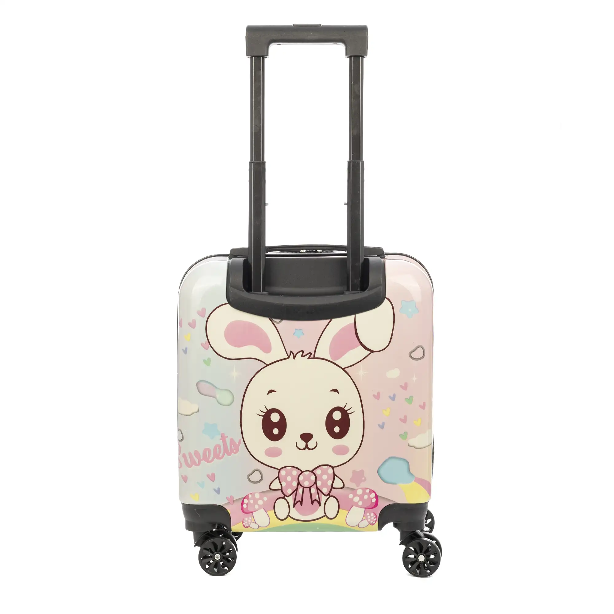 Maleta trolley infantil en material ligero de ABS de alta resistencia. Cerradura numérica, 4 ruedas dobles giratorias 360°. Diseño de conejo. 35x23x45 cm.