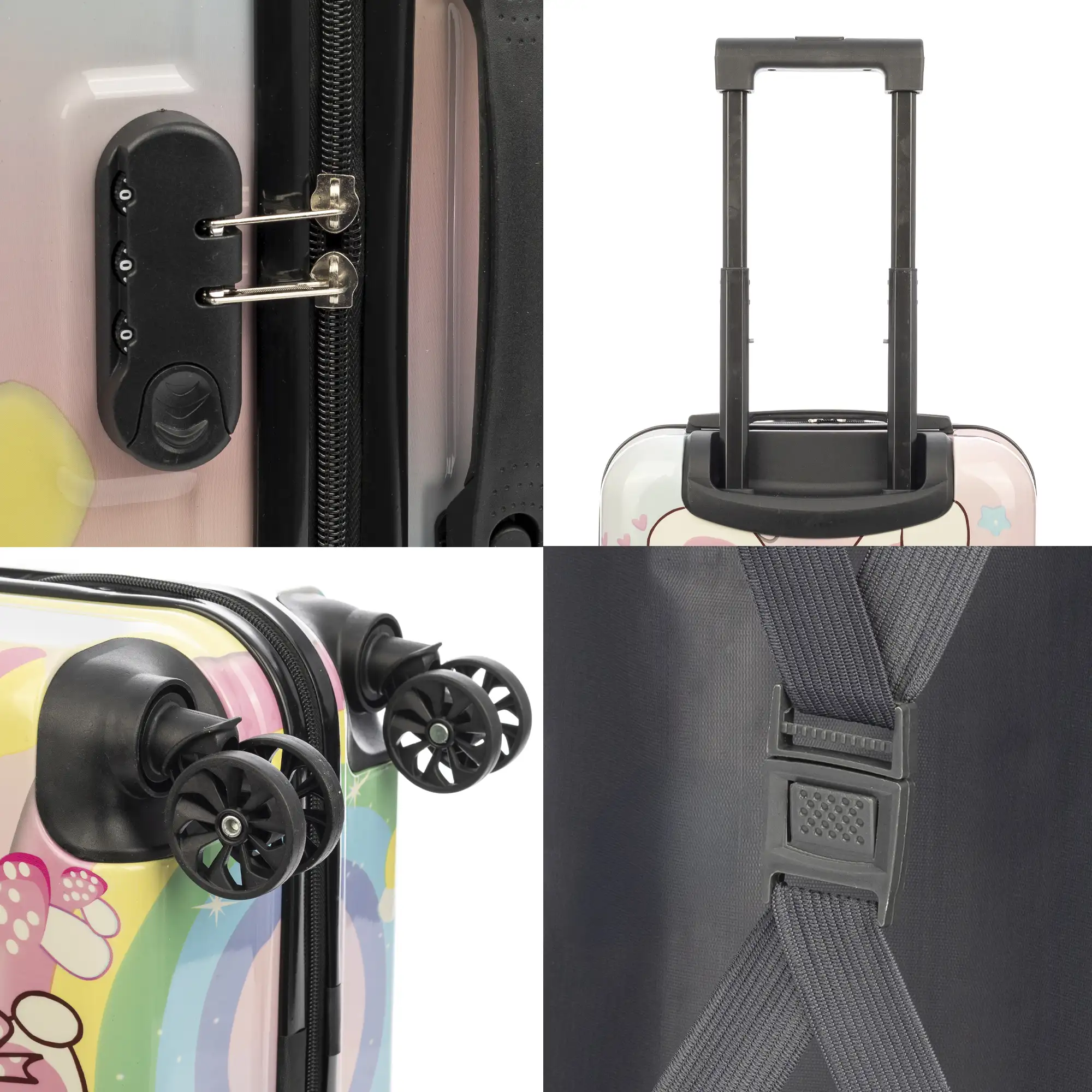 Maleta trolley infantil en material ligero de ABS de alta resistencia. Cerradura numérica, 4 ruedas dobles giratorias 360°. Diseño de conejo. 35x23x45 cm.