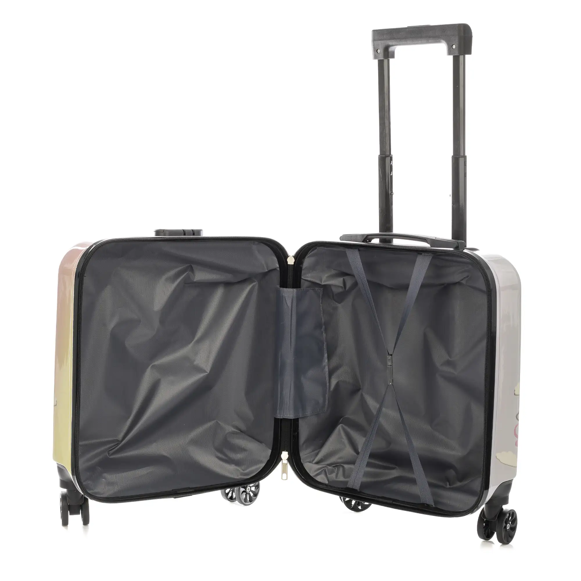 Maleta trolley infantil en material ligero de ABS de alta resistencia. Cerradura numérica, 4 ruedas dobles giratorias 360°. Diseño de conejo. 35x23x45 cm.