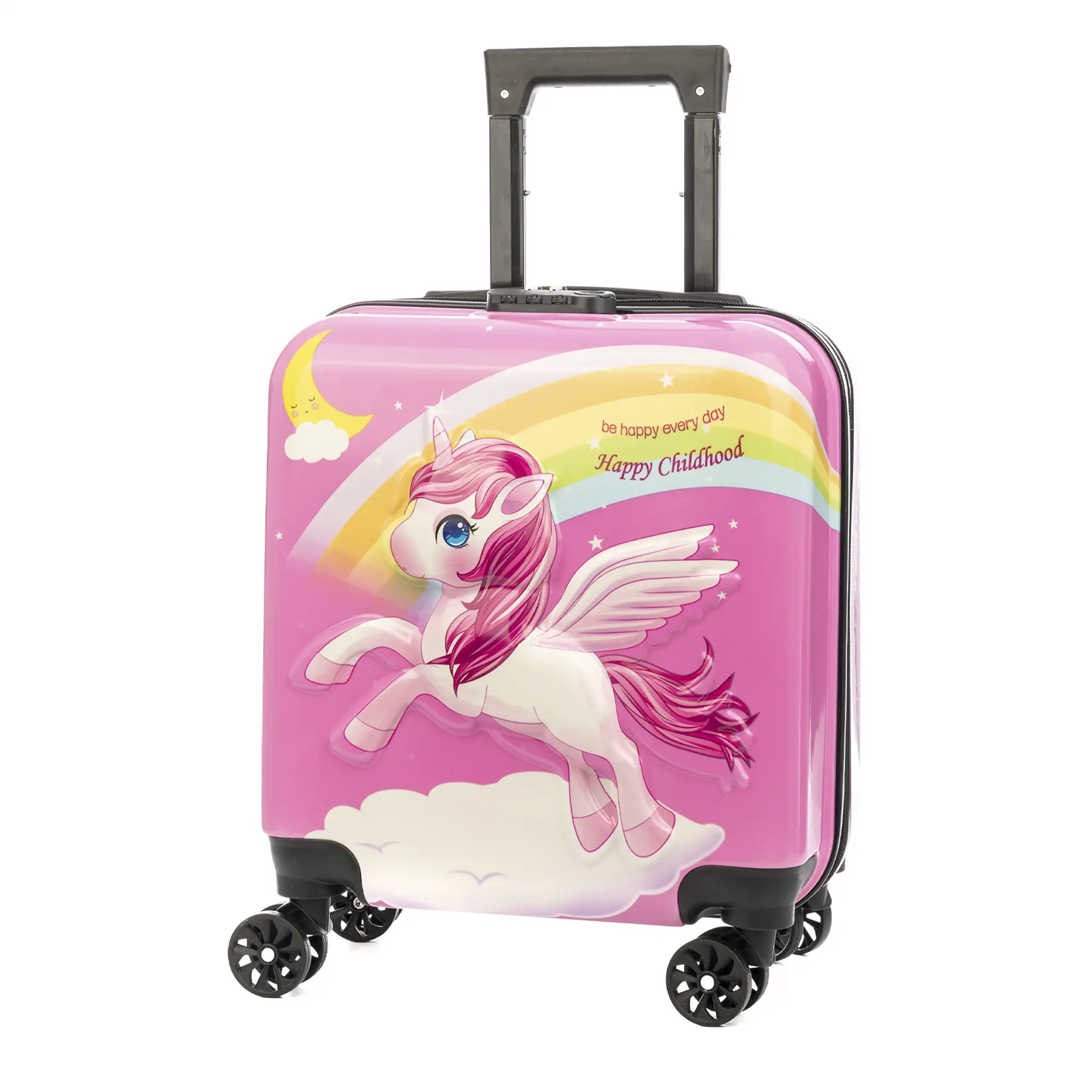 Maleta trolley infantil en material ligero de ABS de alta resistencia. Cerradura numérica, 4 ruedas dobles giratorias 360°. Diseño de Unicornio. 35x23x45 cm.