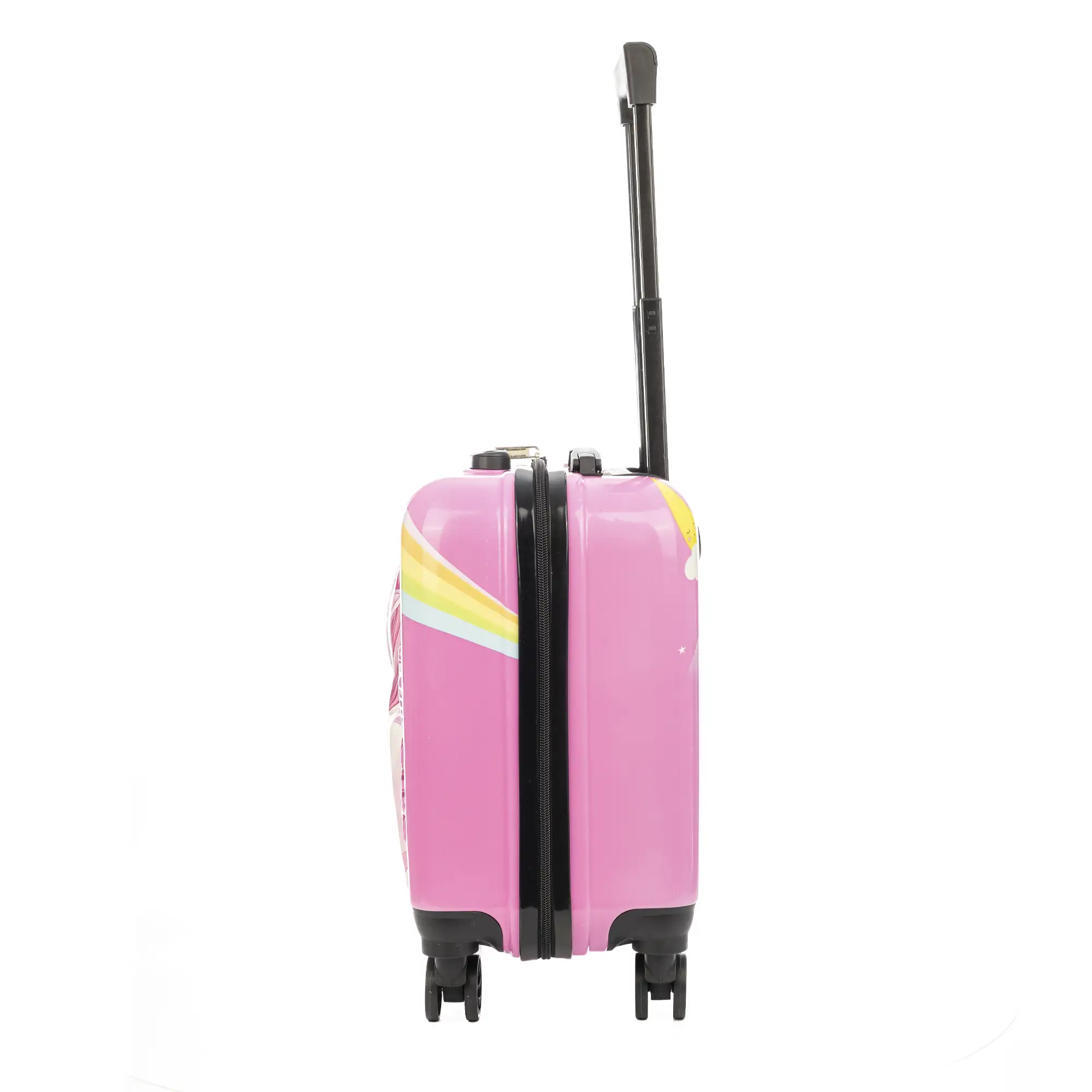 Maleta trolley infantil en material ligero de ABS de alta resistencia. Cerradura numérica, 4 ruedas dobles giratorias 360°. Diseño de Unicornio. 35x23x45 cm.