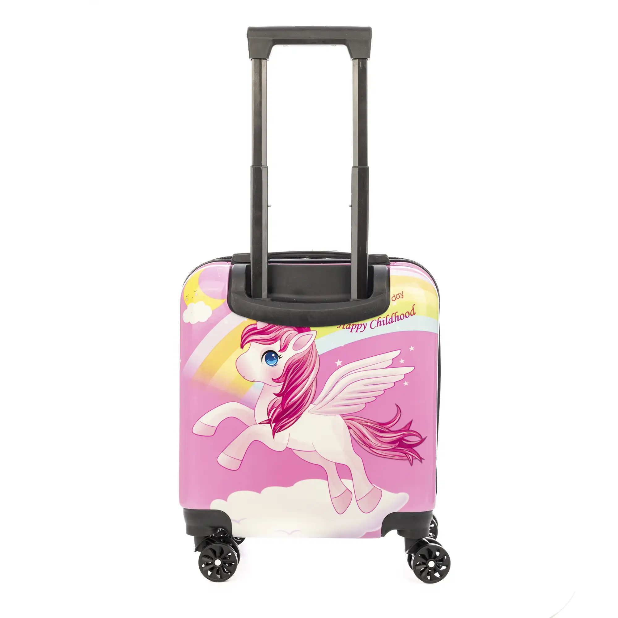 Maleta trolley infantil en material ligero de ABS de alta resistencia. Cerradura numérica, 4 ruedas dobles giratorias 360°. Diseño de Unicornio. 35x23x45 cm.