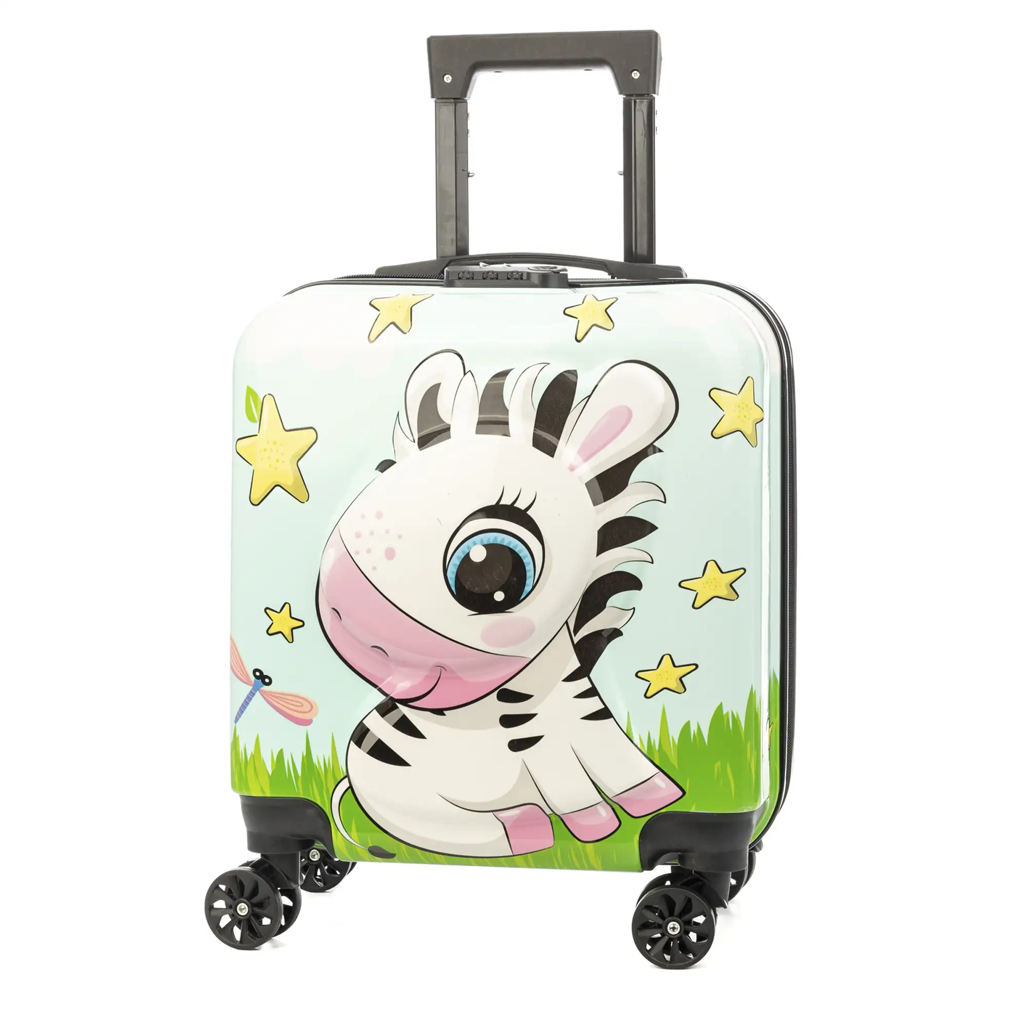 Maleta trolley infantil en material ligero de ABS de alta resistencia. Cerradura numérica, 4 ruedas dobles giratorias 360°. Diseño de Cebra. 35x23x45 cm.