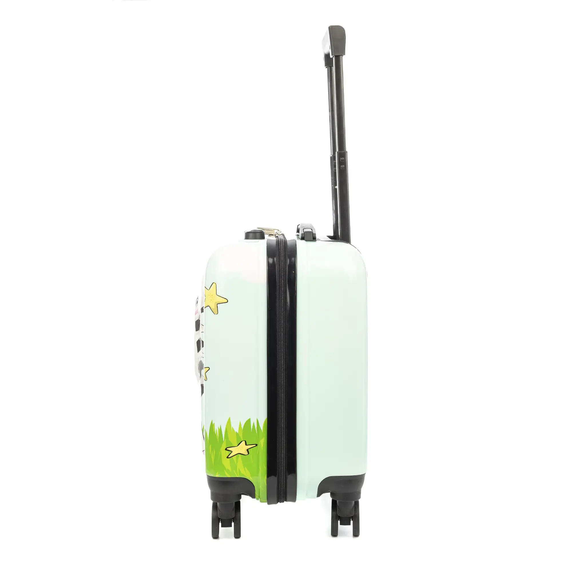 Maleta trolley infantil en material ligero de ABS de alta resistencia. Cerradura numérica, 4 ruedas dobles giratorias 360°. Diseño de Cebra. 35x23x45 cm.