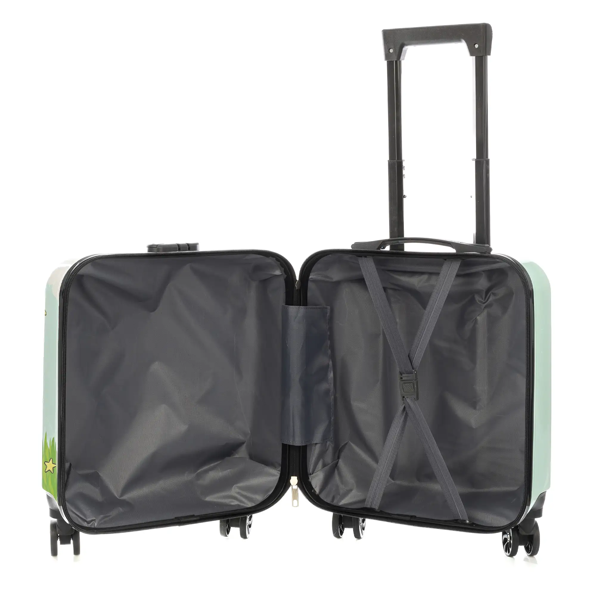 Maleta trolley infantil en material ligero de ABS de alta resistencia. Cerradura numérica, 4 ruedas dobles giratorias 360°. Diseño de Cebra. 35x23x45 cm.