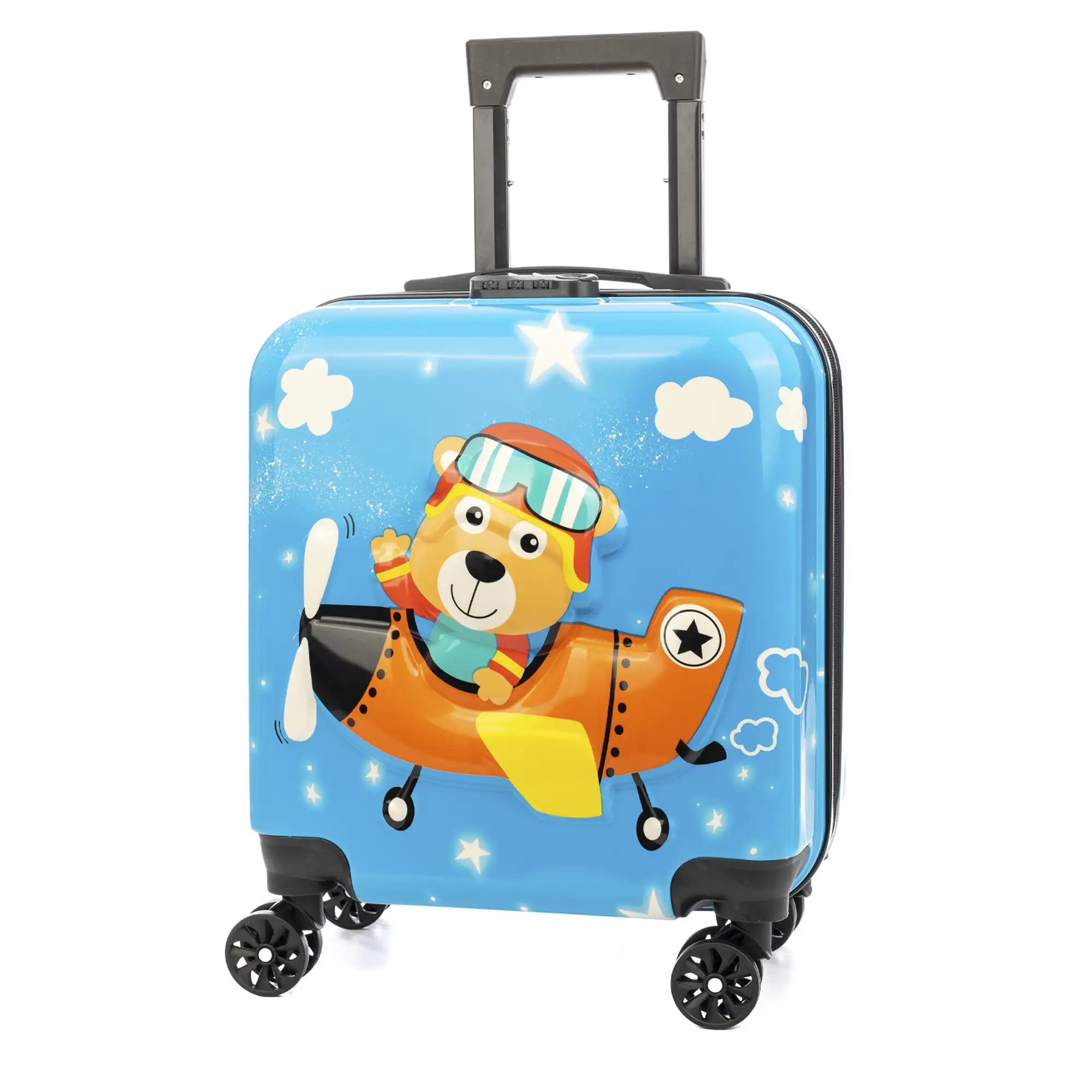 Maleta trolley infantil en material ligero de ABS de alta resistencia. Cerradura numérica, 4 ruedas dobles giratorias 360°. Diseño de Oso en avión. 35x23x45 cm.