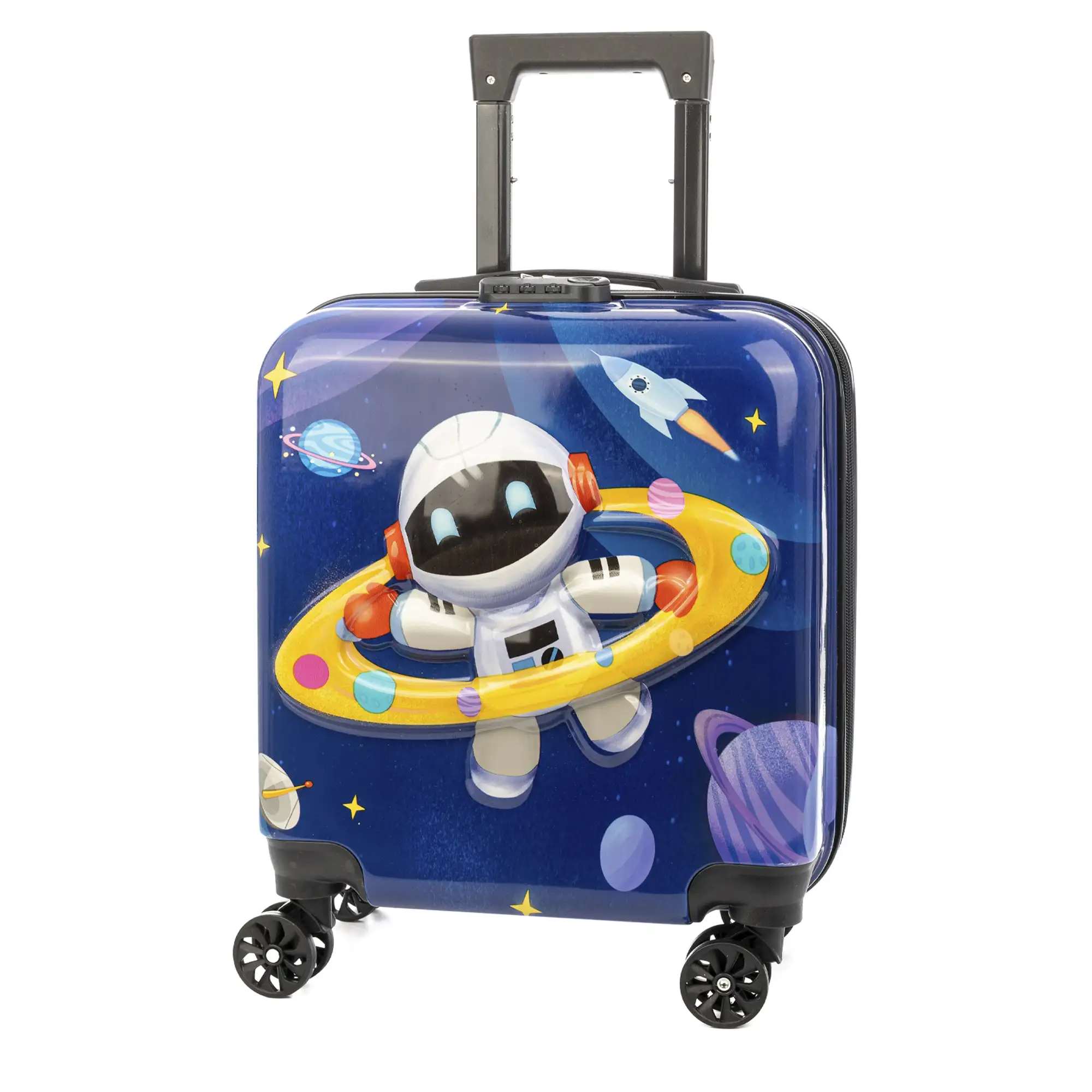 Maleta trolley infantil en material ligero de ABS de alta resistencia. Cerradura numérica, 4 ruedas dobles giratorias 360°. Diseño de Astronauta. 35x23x45 cm.