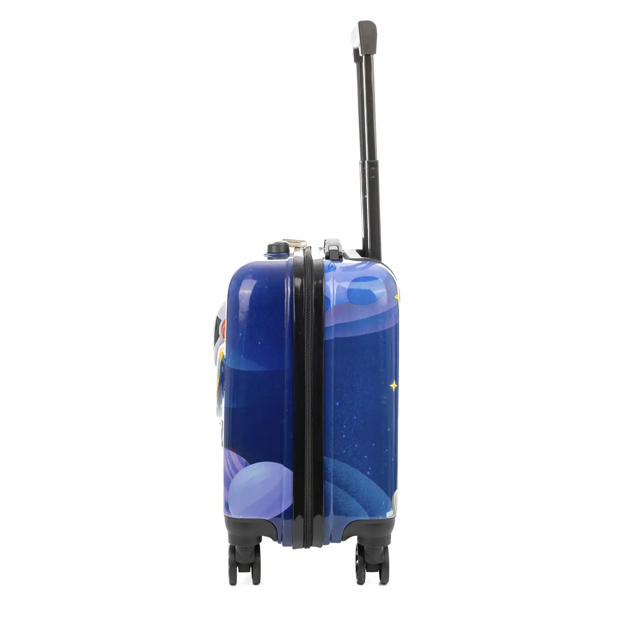 Maleta trolley infantil en material ligero de ABS de alta resistencia. Cerradura numérica, 4 ruedas dobles giratorias 360°. Diseño de Astronauta. 35x23x45 cm.