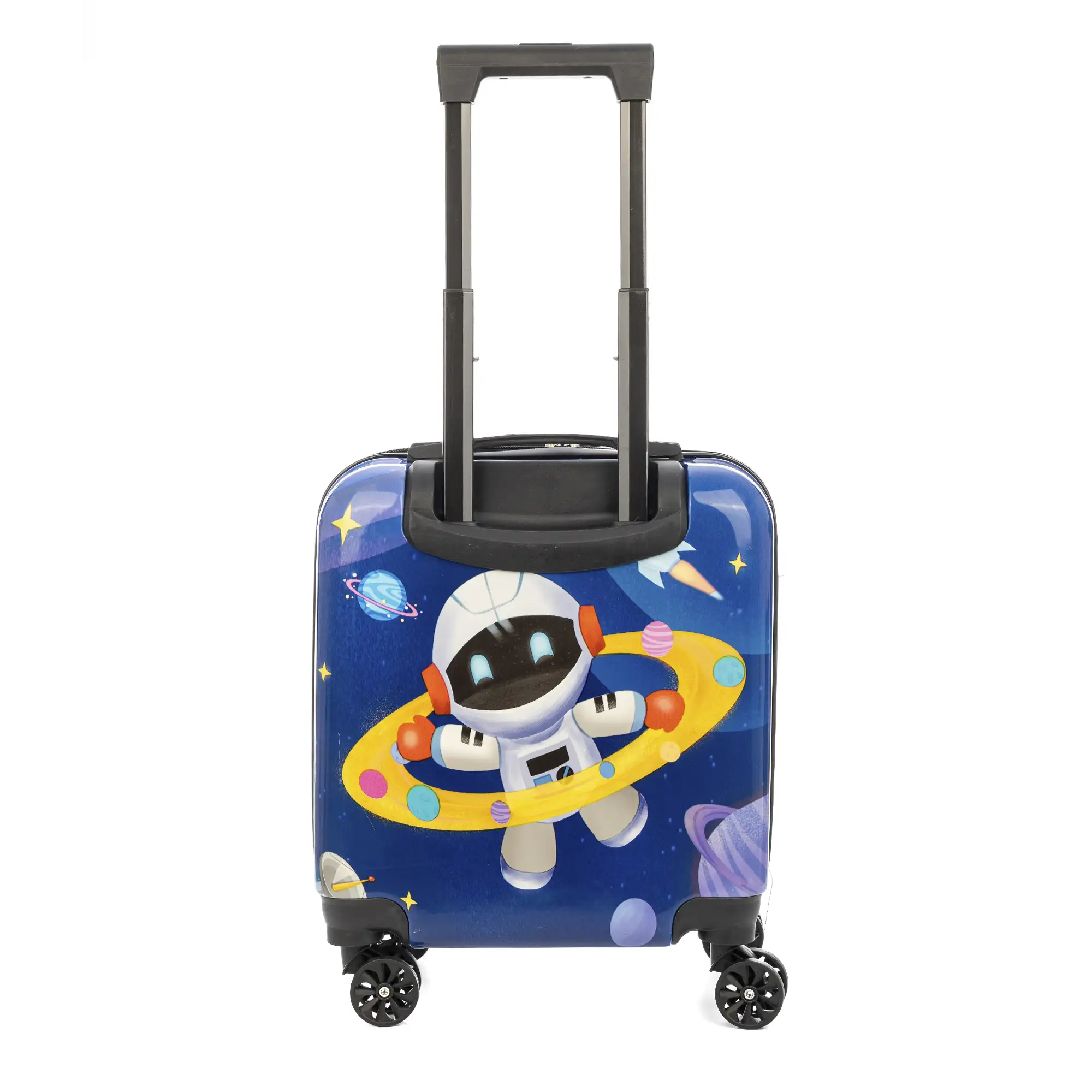 Maleta trolley infantil en material ligero de ABS de alta resistencia. Cerradura numérica, 4 ruedas dobles giratorias 360°. Diseño de Astronauta. 35x23x45 cm.
