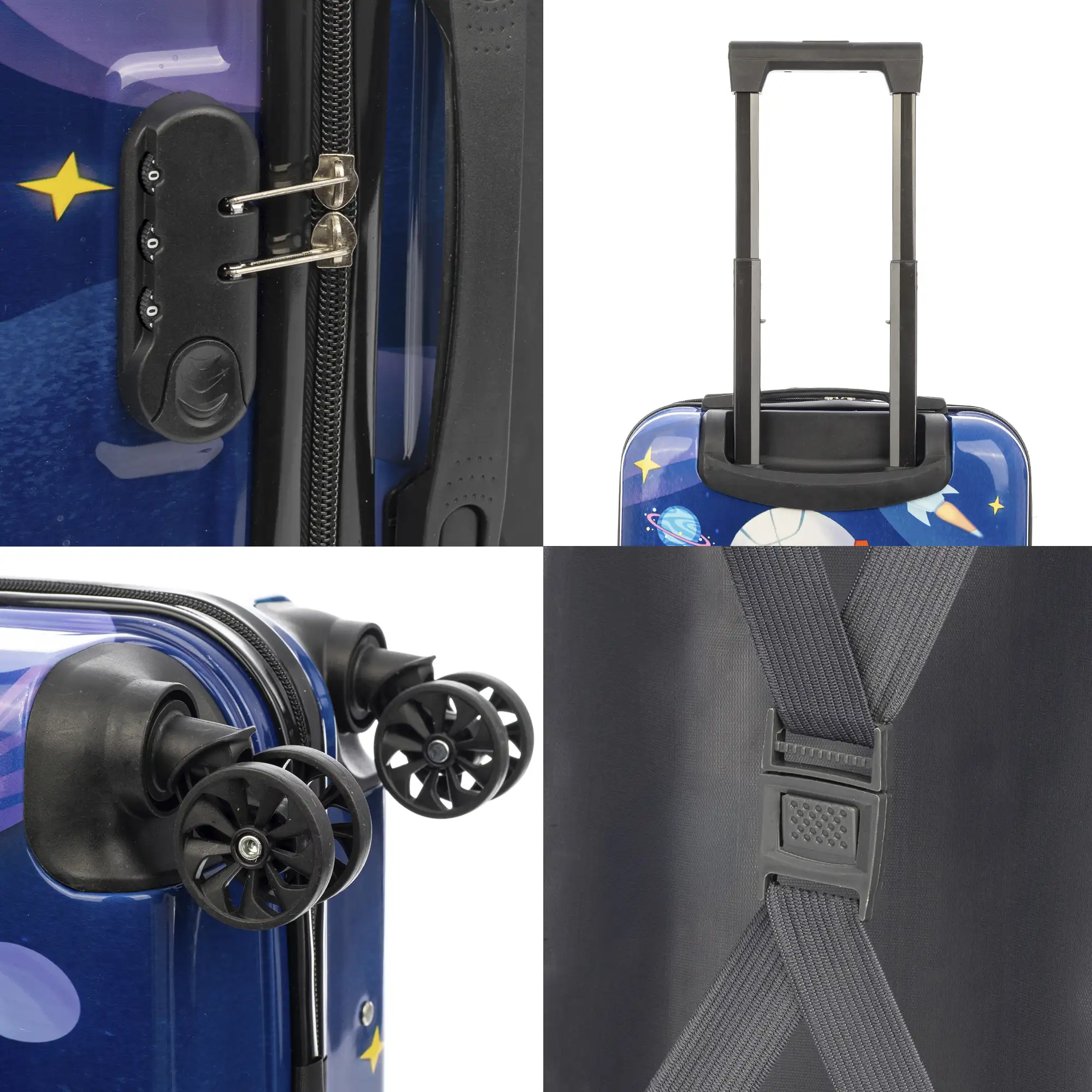 Maleta trolley infantil en material ligero de ABS de alta resistencia. Cerradura numérica, 4 ruedas dobles giratorias 360°. Diseño de Astronauta. 35x23x45 cm.