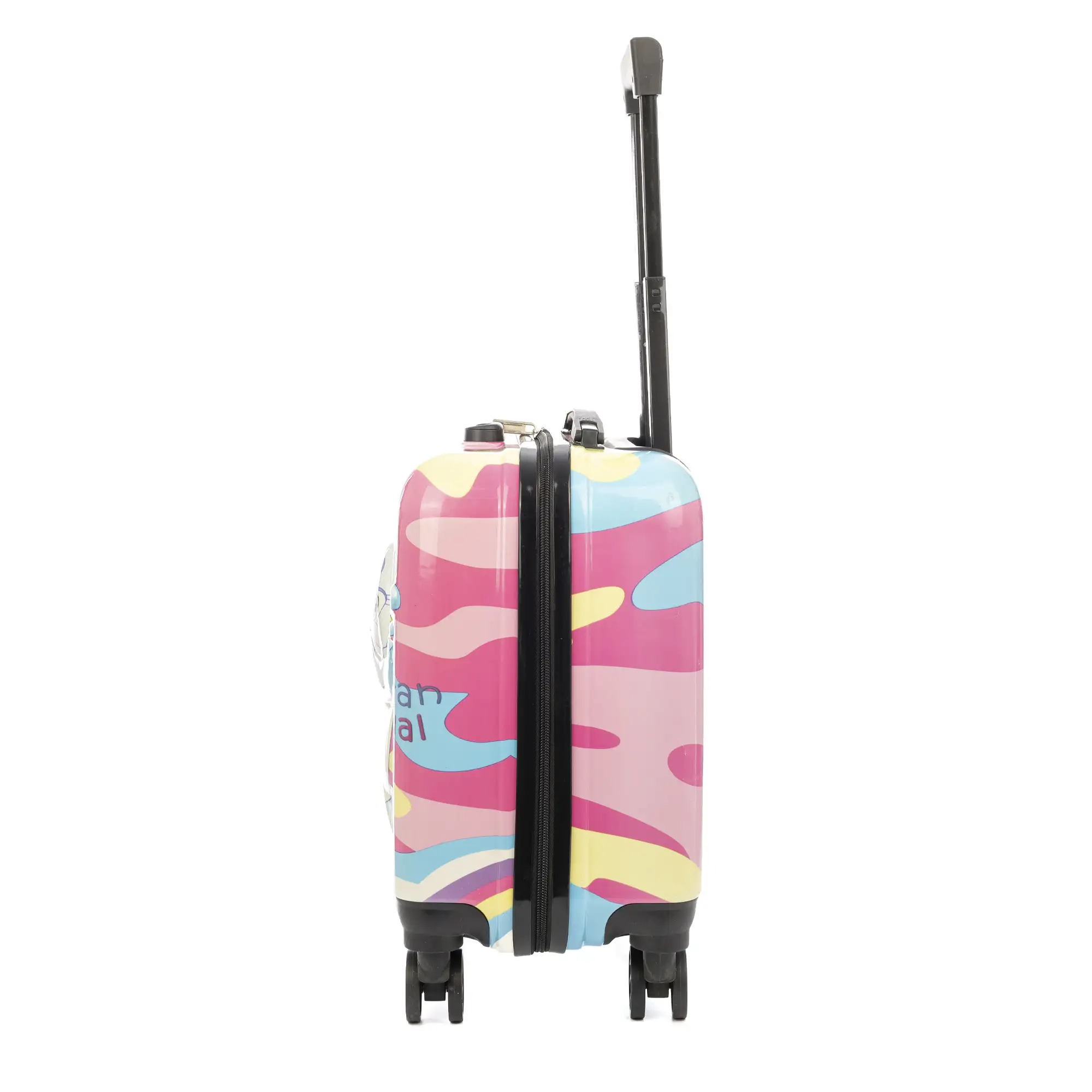 Maleta trolley infantil en material ligero de ABS de alta resistencia. Cerradura numérica, 4 ruedas dobles giratorias 360°. Diseño de Elefante. 35x23x45 cm.