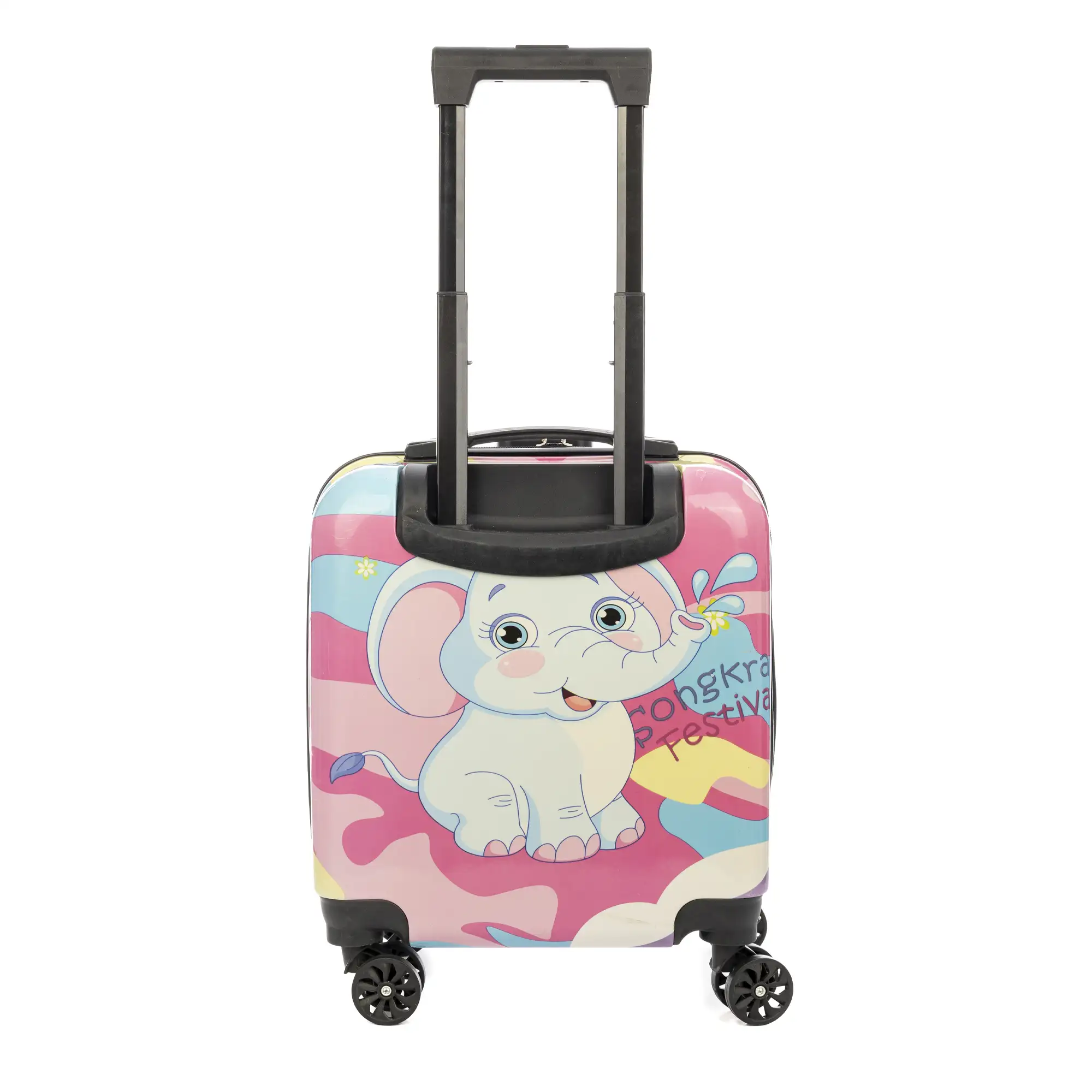 Maleta trolley infantil en material ligero de ABS de alta resistencia. Cerradura numérica, 4 ruedas dobles giratorias 360°. Diseño de Elefante. 35x23x45 cm.