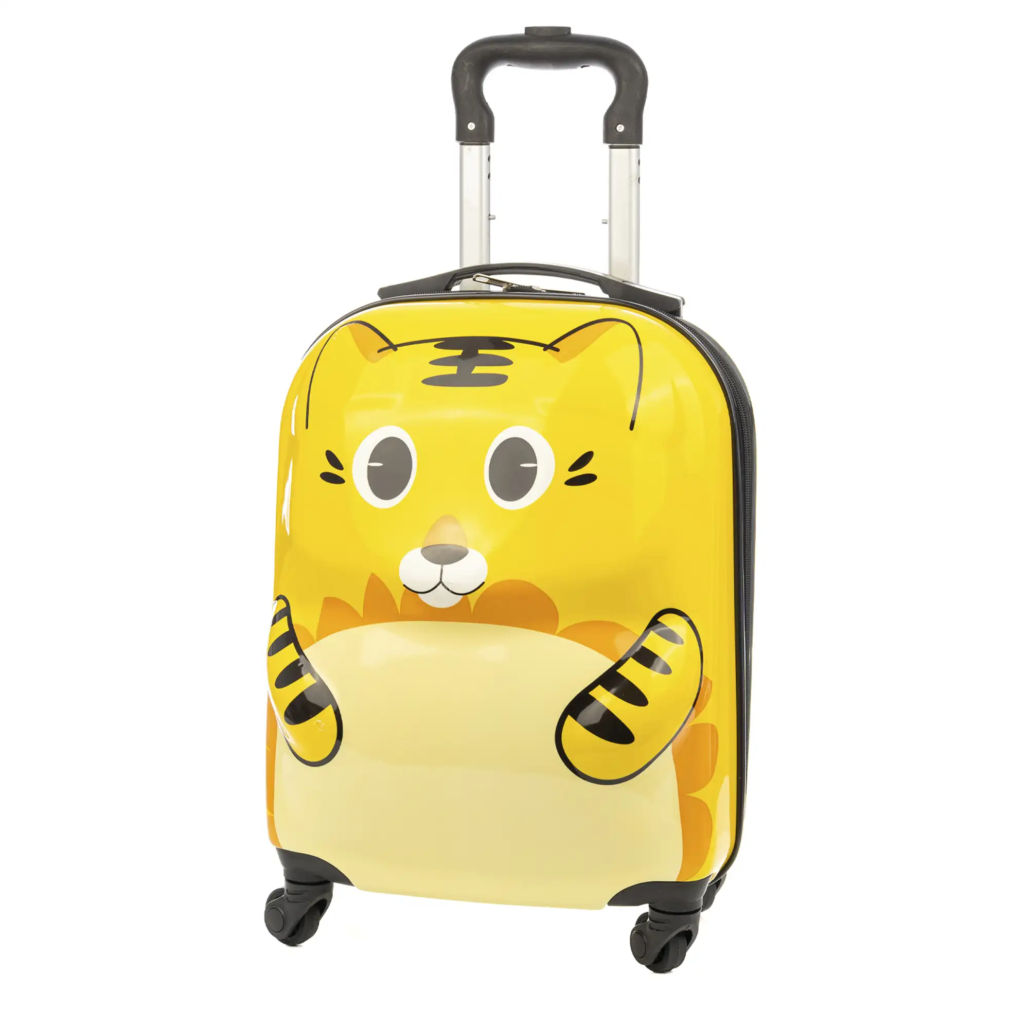 Maleta trolley infantil en material ligero de ABS de alta resistencia. Con 4 ruedas giratorias 360°. Diseño de Tigre. 32x23x45 cm.
