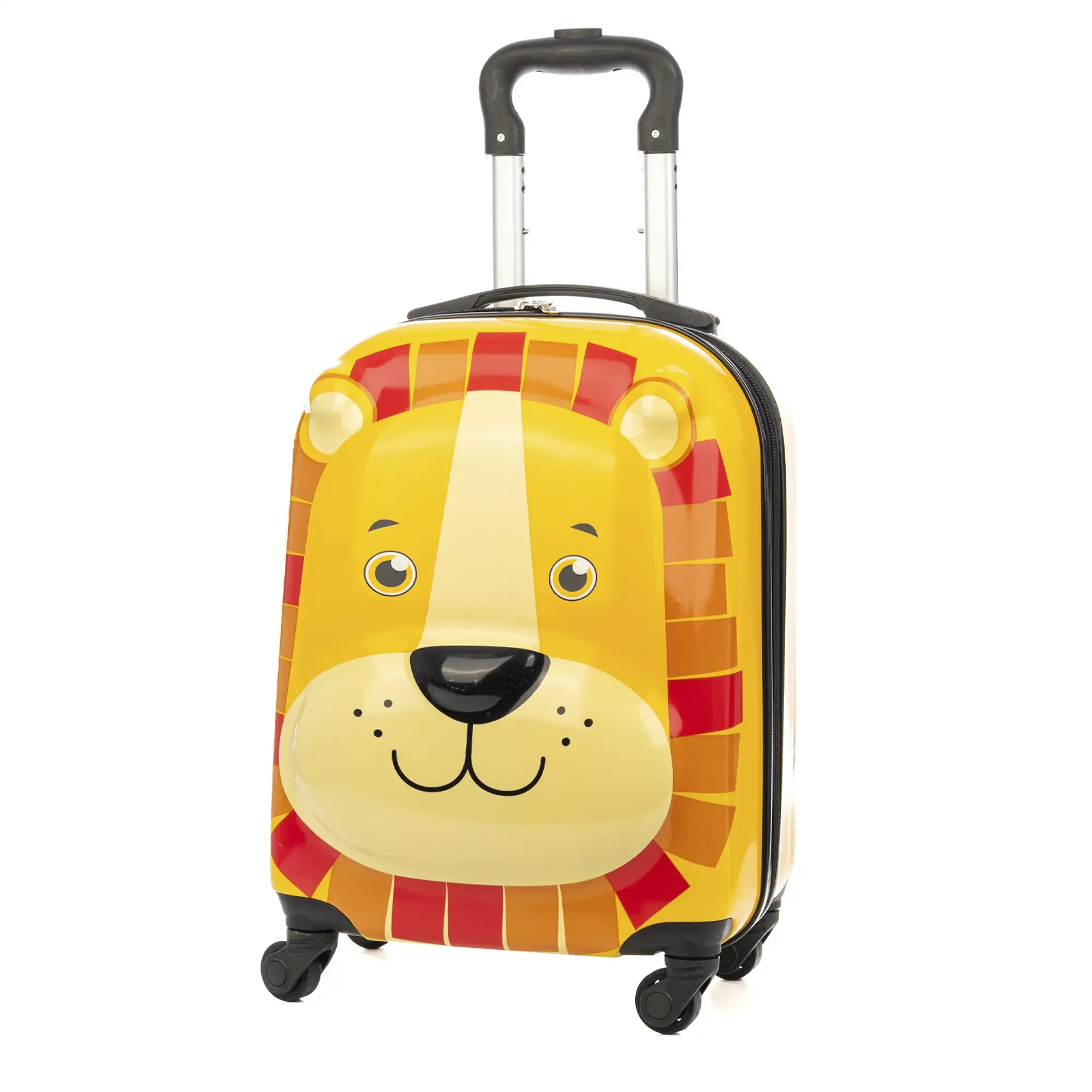 Maleta trolley infantil en material ligero de ABS de alta resistencia. Con 4 ruedas giratorias 360°. Diseño de León. 32x23x45 cm.