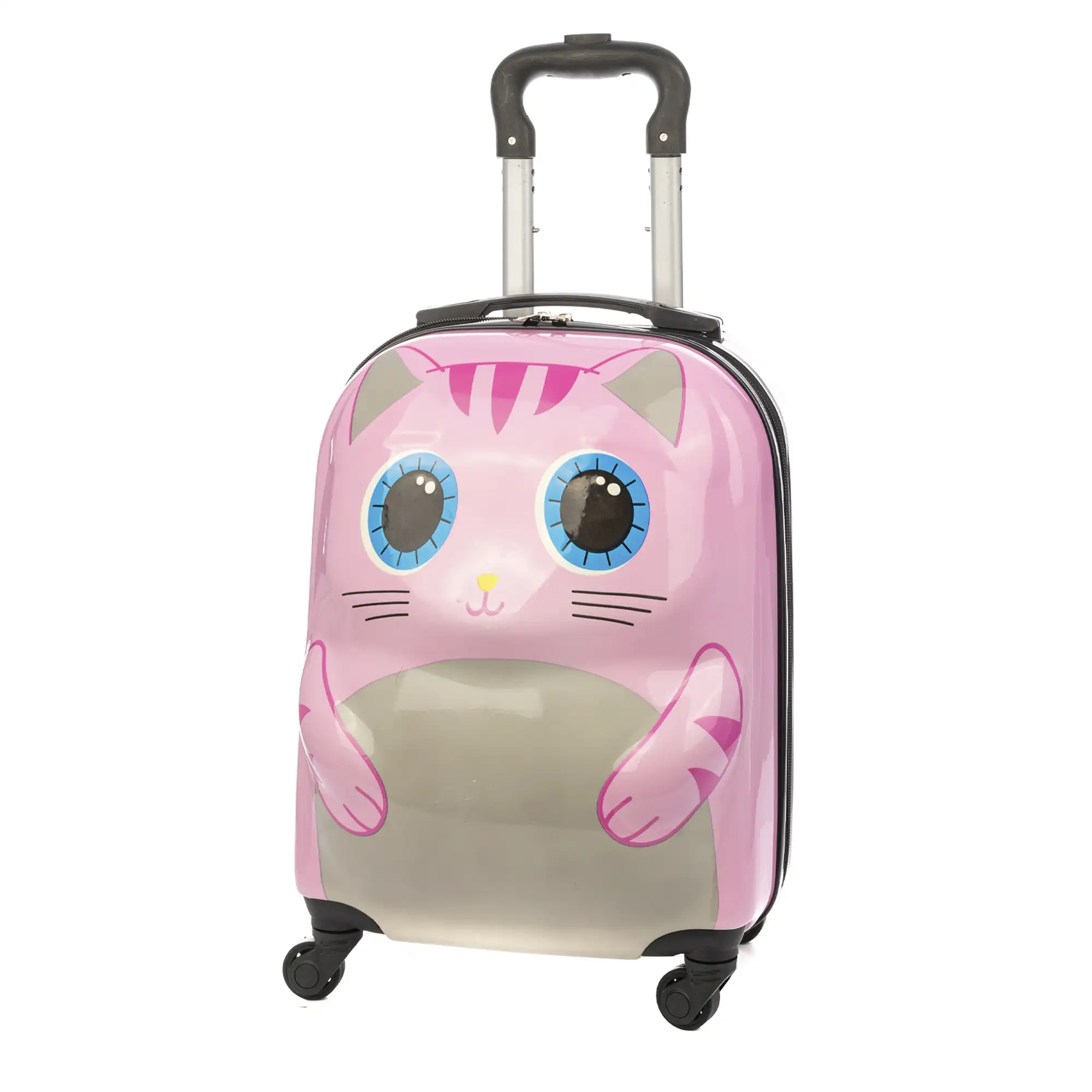Maleta trolley infantil en material ligero de ABS de alta resistencia. Con 4 ruedas giratorias 360°. Diseño de Gato. 32x23x45 cm.