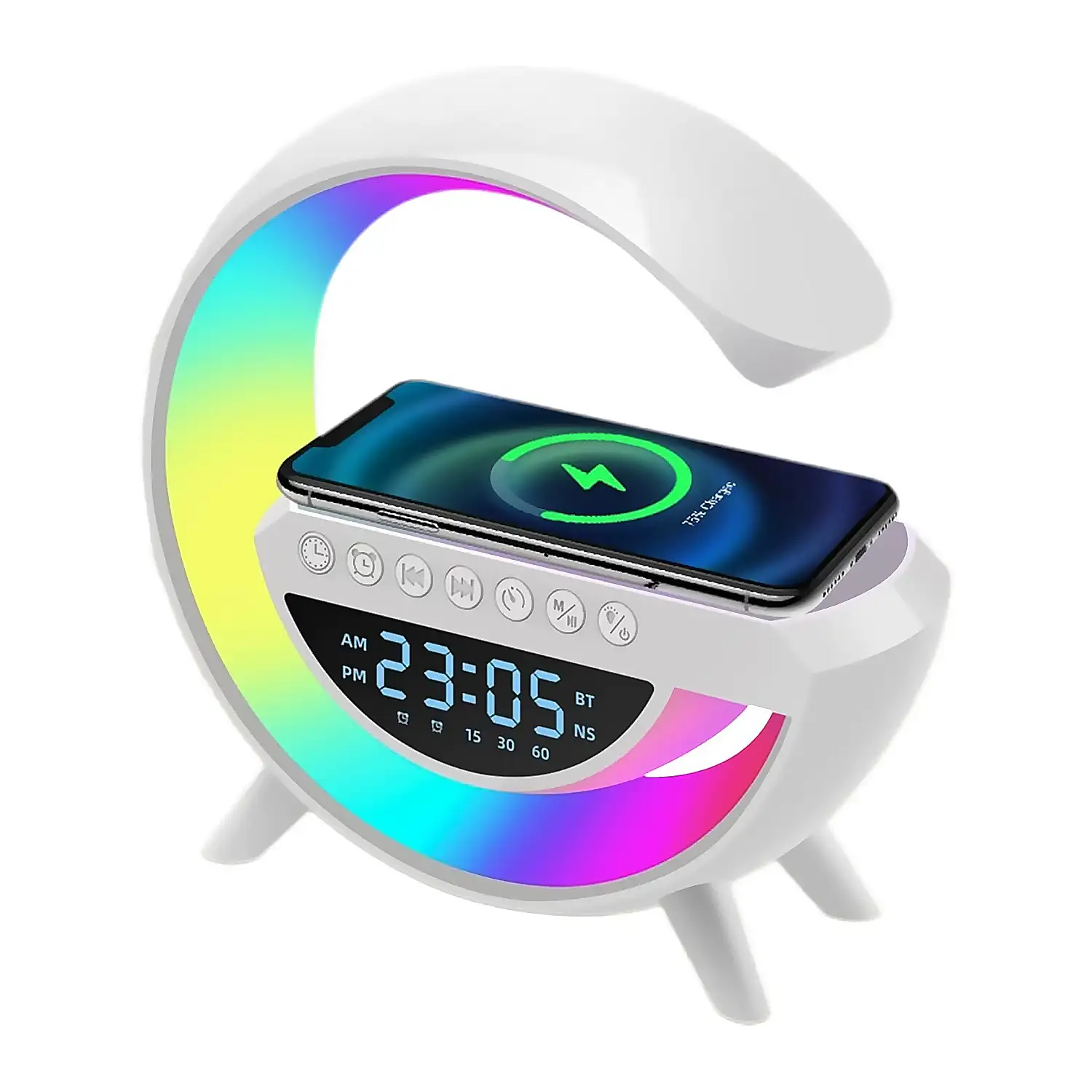 Altavoz con cargador inalámbrico de 15W, 13 modos diferentes de iluminación LED, función de radio, entradas de tarjeta TF y USB.