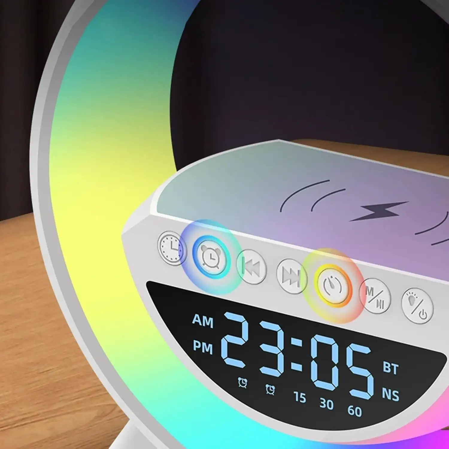 Altavoz con cargador inalámbrico de 15W, 13 modos diferentes de iluminación LED, función de radio, entradas de tarjeta TF y USB.