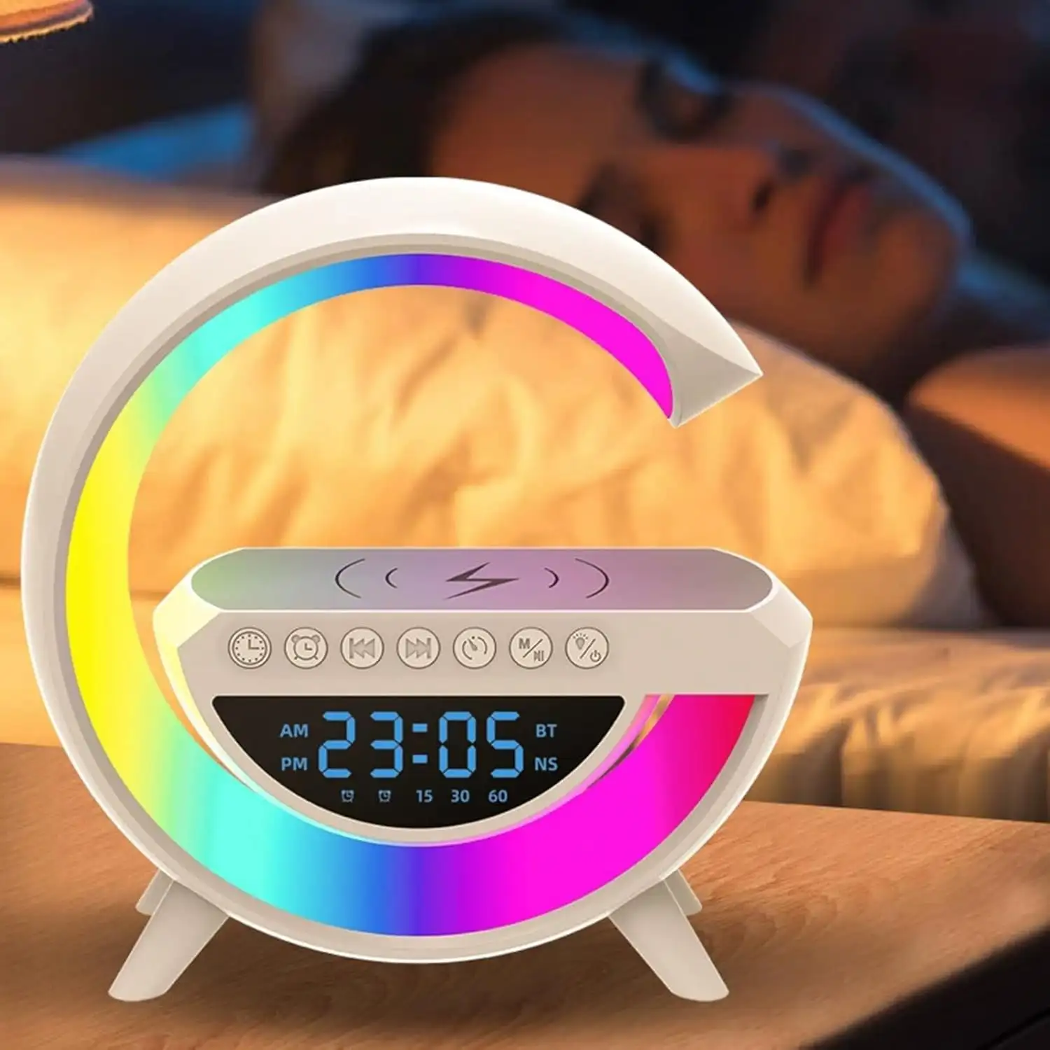 Altavoz con cargador inalámbrico de 15W, 13 modos diferentes de iluminación LED, función de radio, entradas de tarjeta TF y USB.