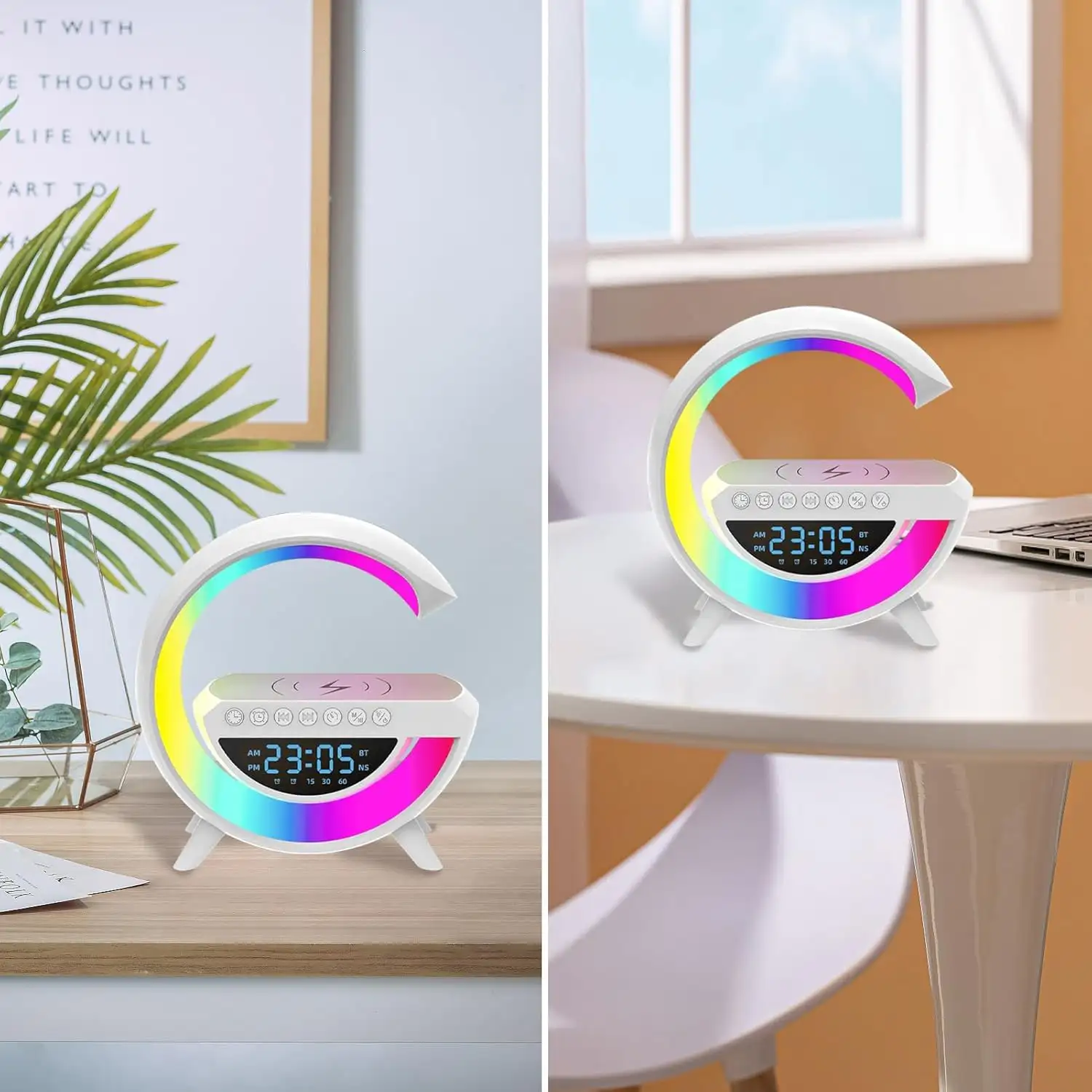 Altavoz con cargador inalámbrico de 15W, 13 modos diferentes de iluminación LED, función de radio, entradas de tarjeta TF y USB.