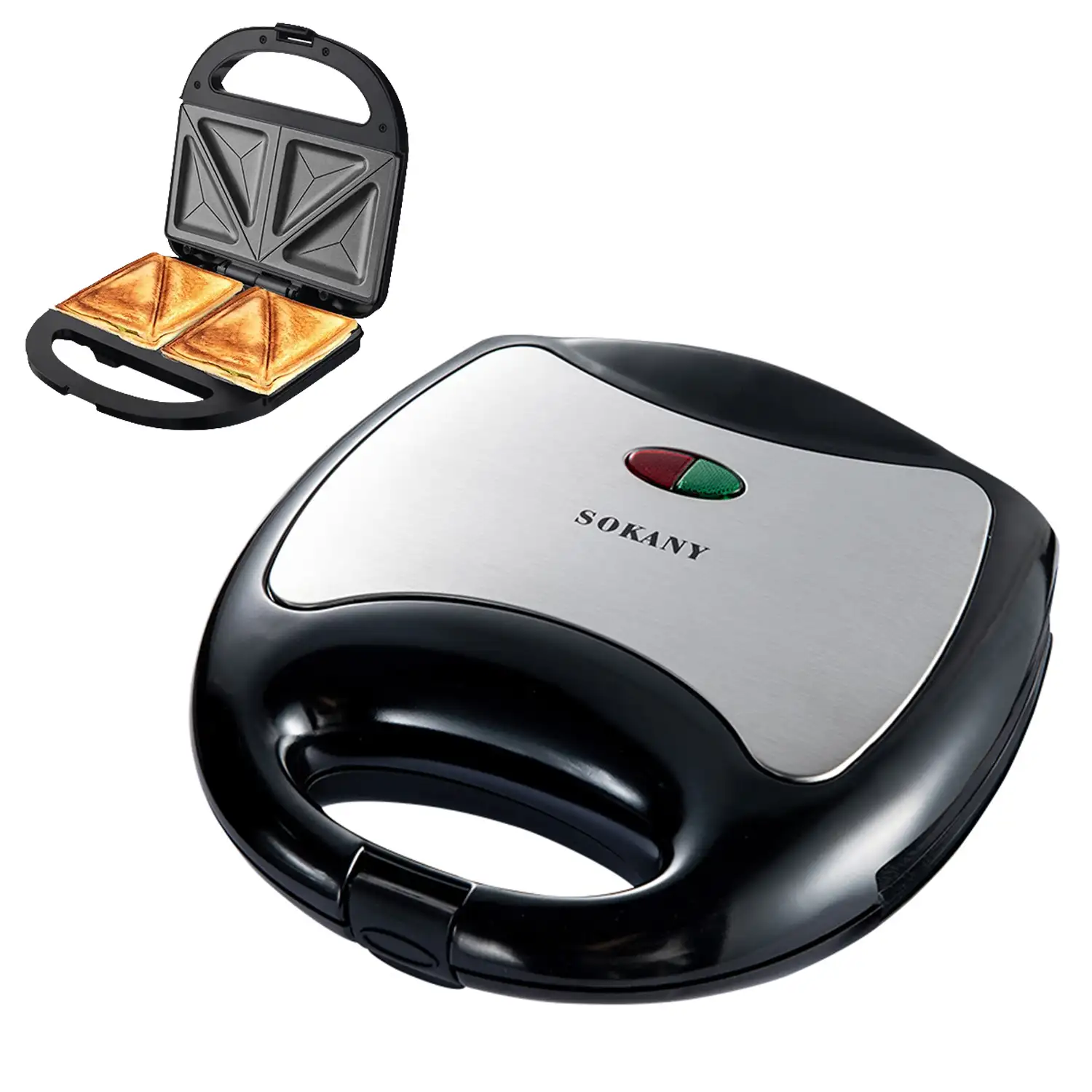 Sandwichera antiadherente con 750W de potencia y luz indicadora. Placas triangulares especiales sandwich.