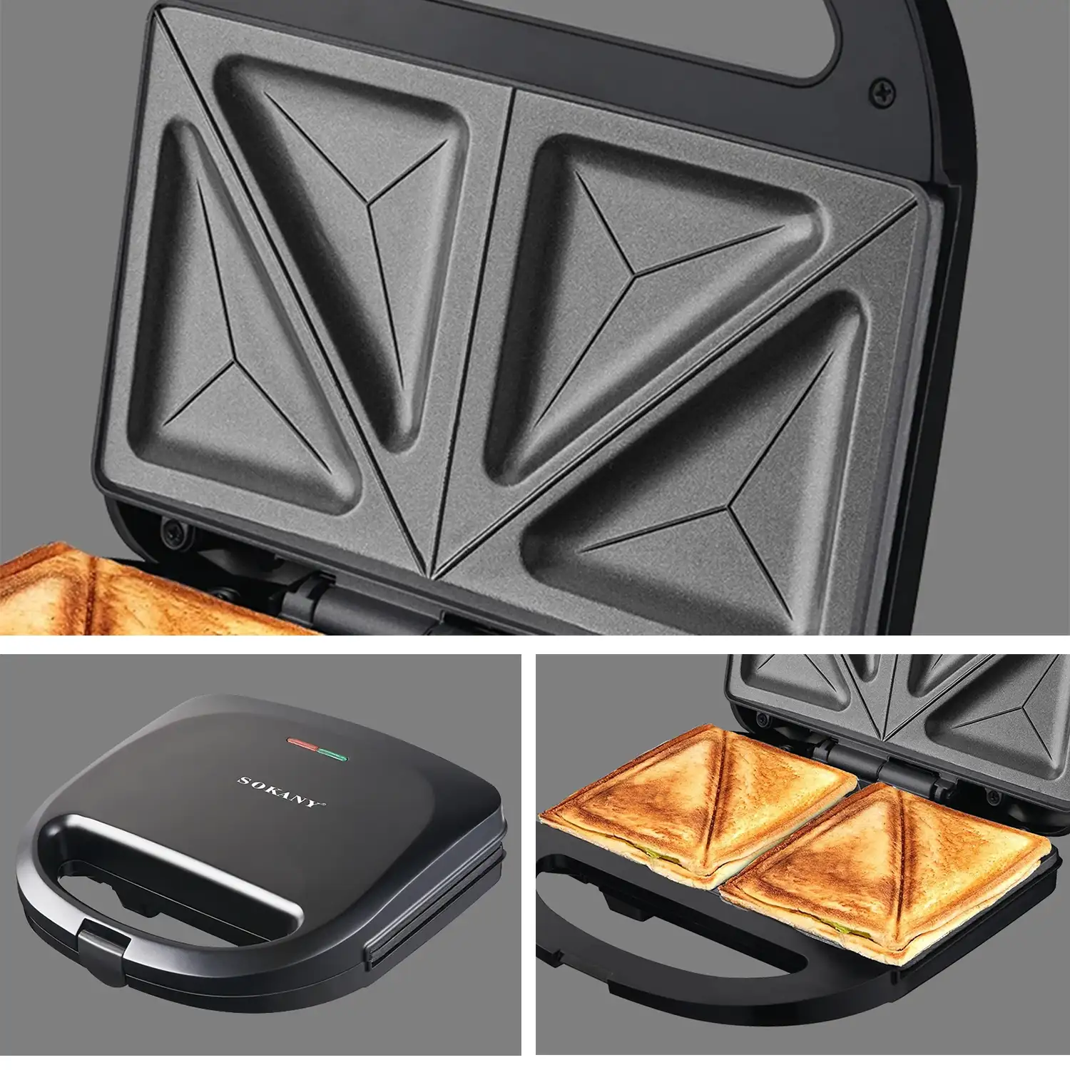 Sandwichera antiadherente con 750W de potencia y luz indicadora. Placas triangulares especiales sandwich.