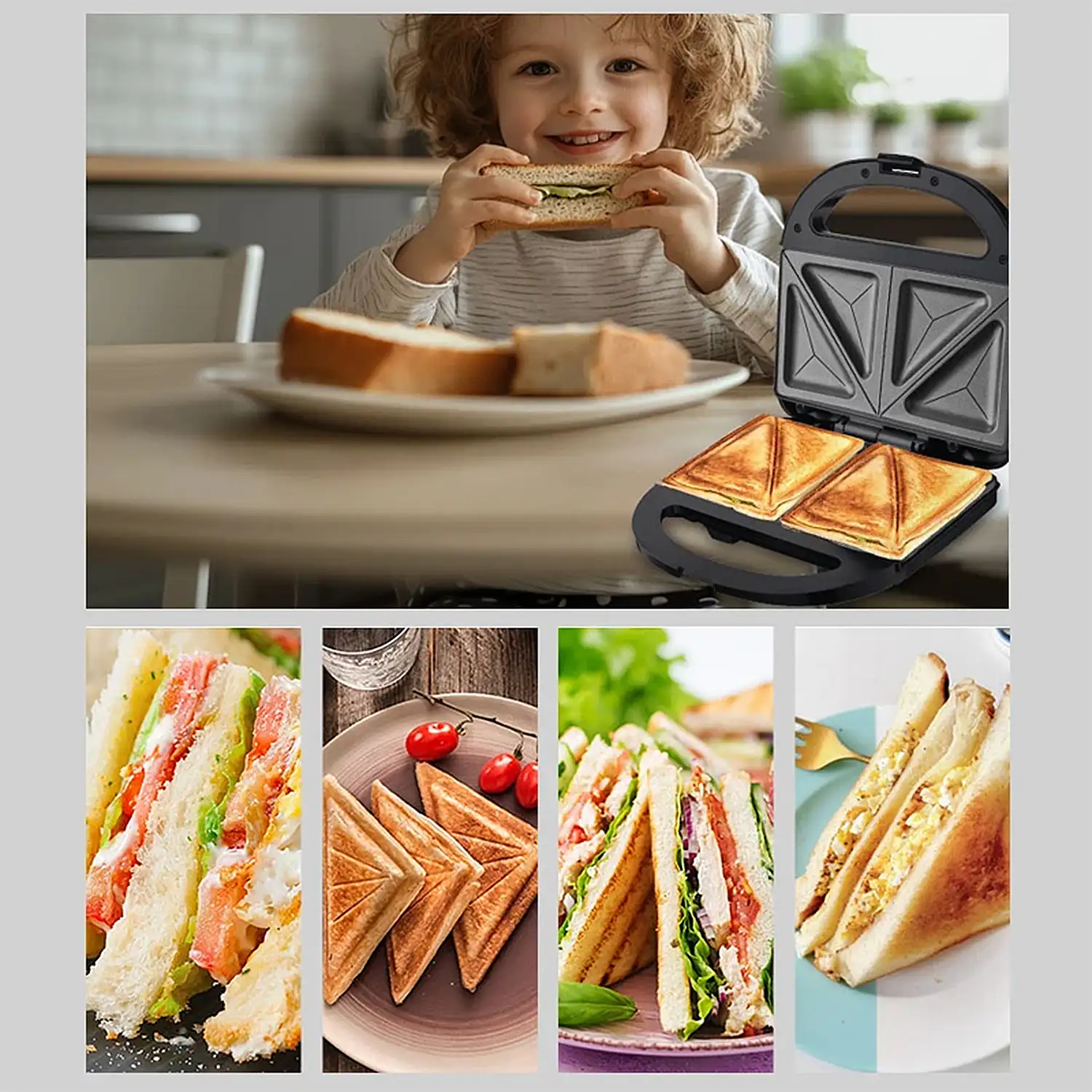 Sandwichera antiadherente con 750W de potencia y luz indicadora. Placas triangulares especiales sandwich.