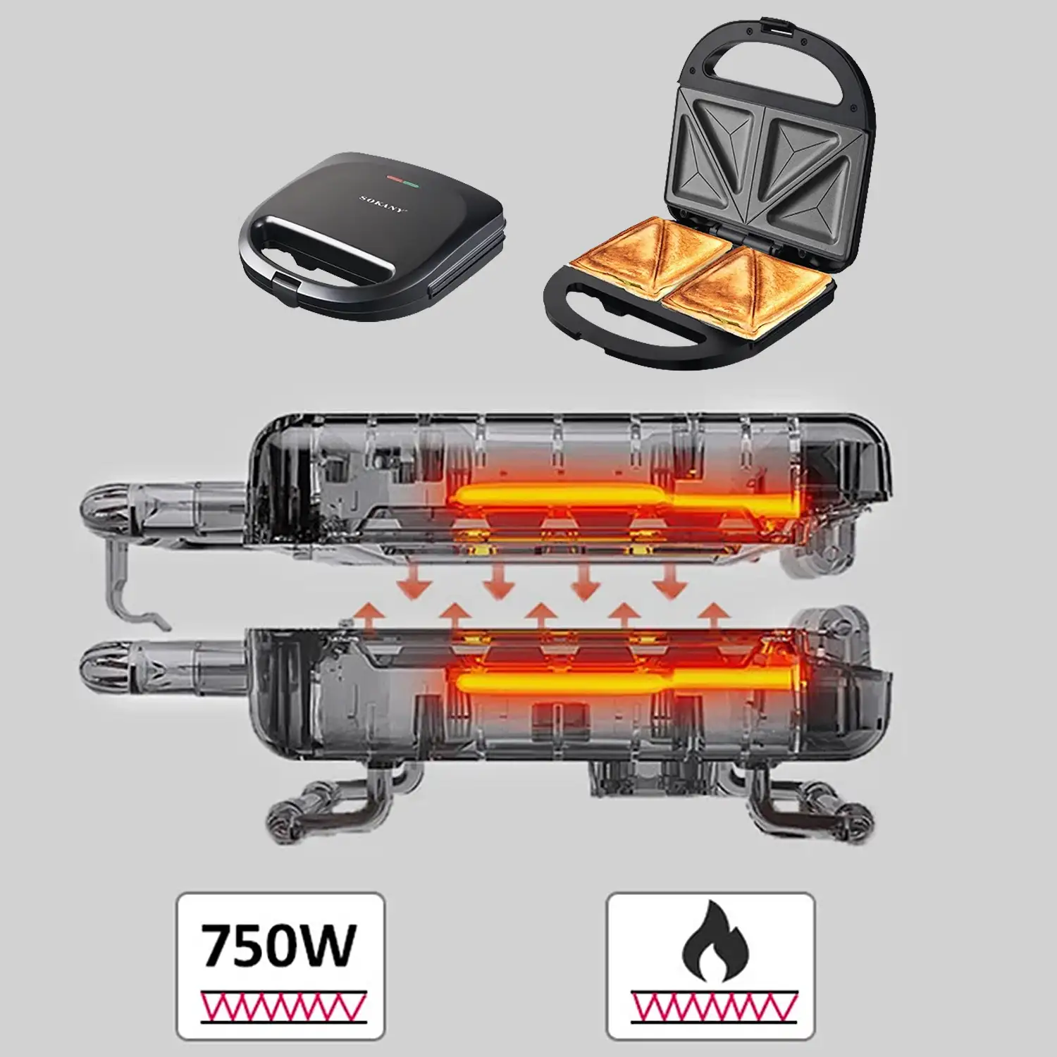 Sandwichera antiadherente con 750W de potencia y luz indicadora. Placas triangulares especiales sandwich.