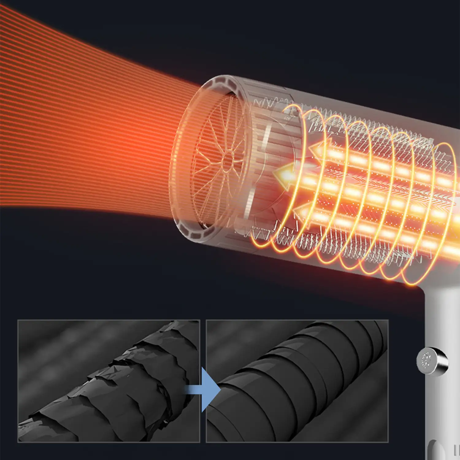 Secador de pelo con 1000W de potencia, 3 niveles de temperatura y 2 niveles de velocidad.
