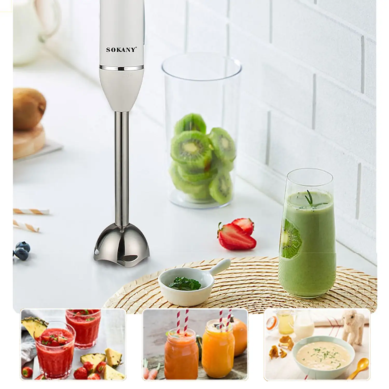 Batidora de mano de 600W con dos velocidades, diseño ergonómico y brazo de acero inoxidable apto para lava vajillas.