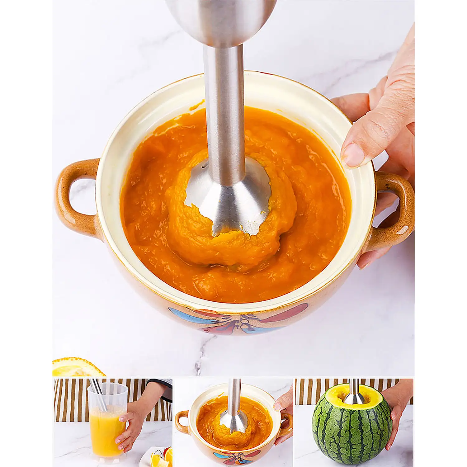 Batidora de mano de 600W con dos velocidades, diseño ergonómico y brazo de acero inoxidable apto para lava vajillas.