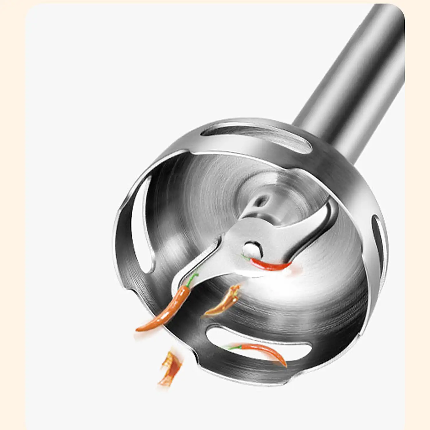 Batidora de mano de 600W con dos velocidades, diseño ergonómico y brazo de acero inoxidable apto para lava vajillas.