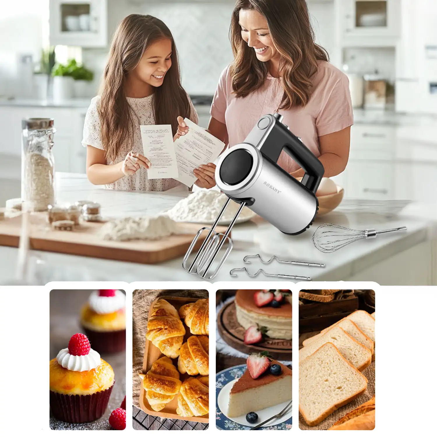 Batidora de mano de doble varilla,  800w, 5 velocidades, botón turbo, 4 varillas para batir y amasar, acero inoxidable.