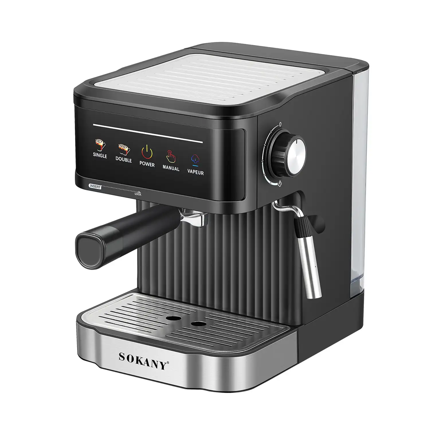 Cafetera express doble de 20 bares, 850W y depósito de 1.8L. Boquilla espuma y bandeja antigoteo.