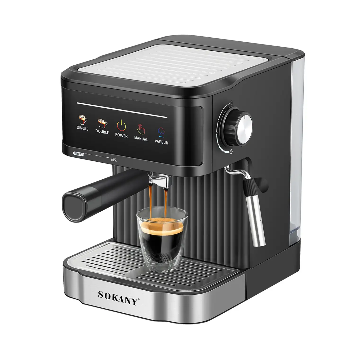 Cafetera express doble de 20 bares, 850W y depósito de 1.8L. Boquilla espuma y bandeja antigoteo.