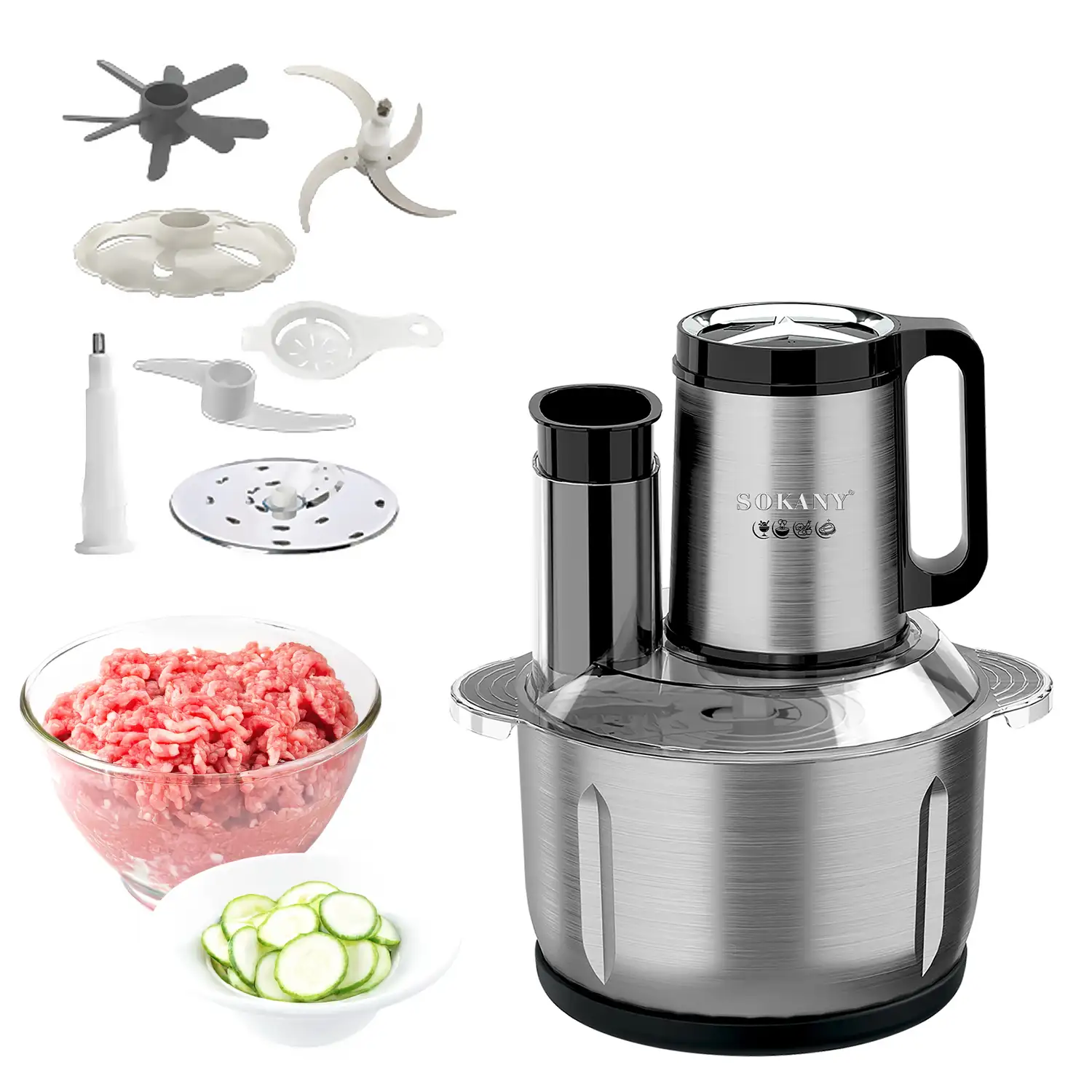 Robot de cocina procesador de alimentos 6 en 1. Motor de cobre de 1000W con 3 velocidades. Bol de acero inoxidable con 5L de capacidad.