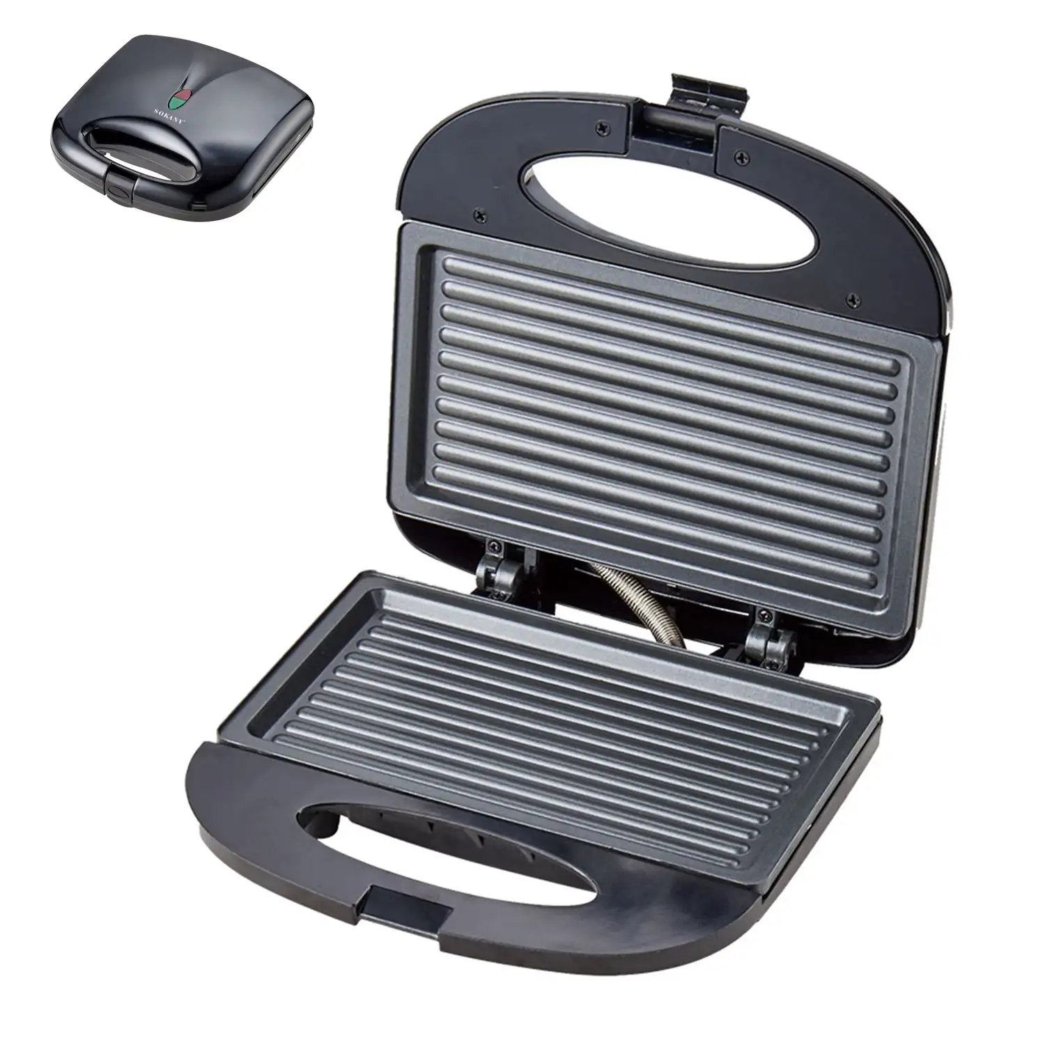 Grill eléctrico portátil de 750W. Zona de cocción antiadherente con cierre por clip y luces LED.