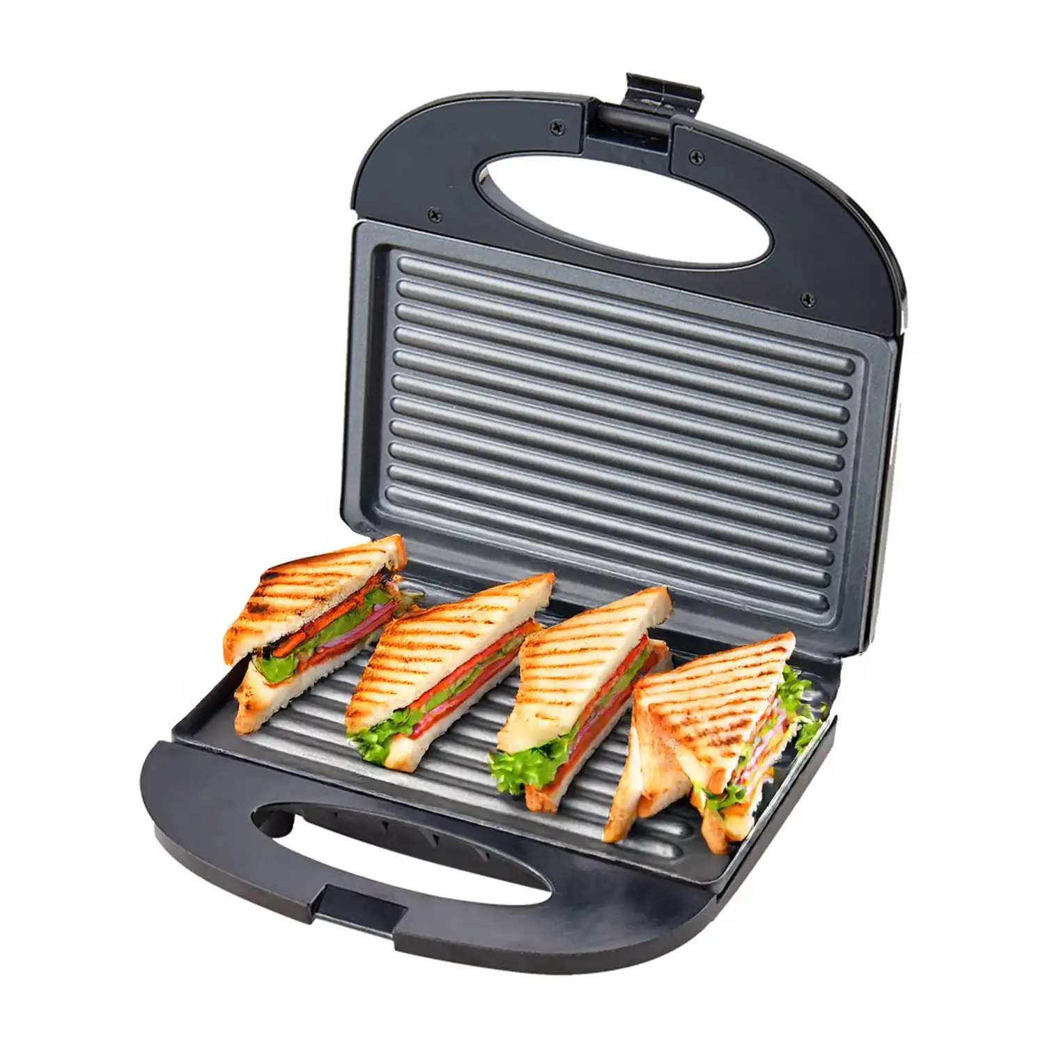 Grill eléctrico portátil de 750W. Zona de cocción antiadherente con cierre por clip y luces LED.