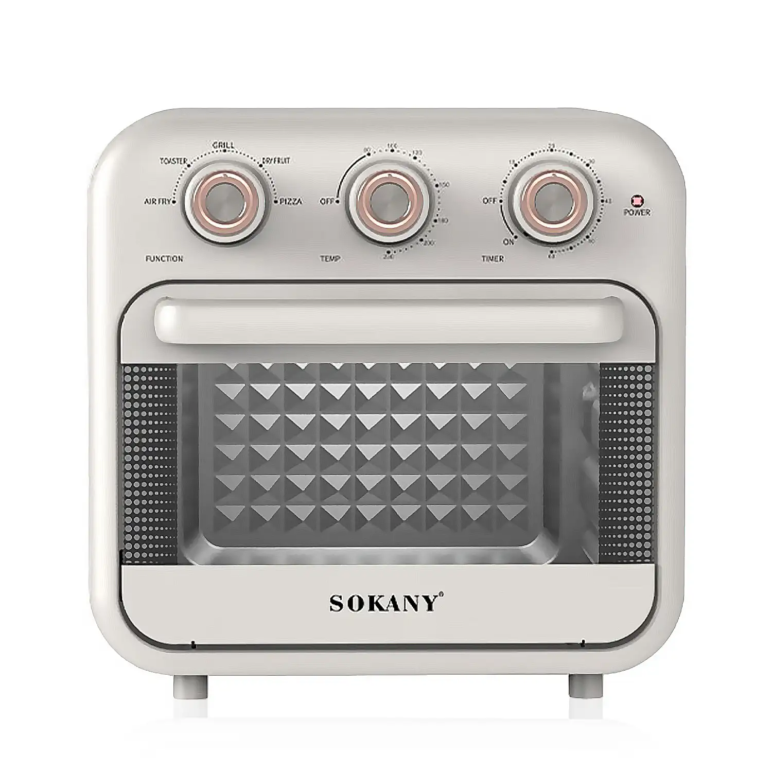 Horno freidora de aire con 18 litros de capacidad. Panel de control mecánico con 1800W de potencia, modos de cocción preestablecidos y 5 accesorios.