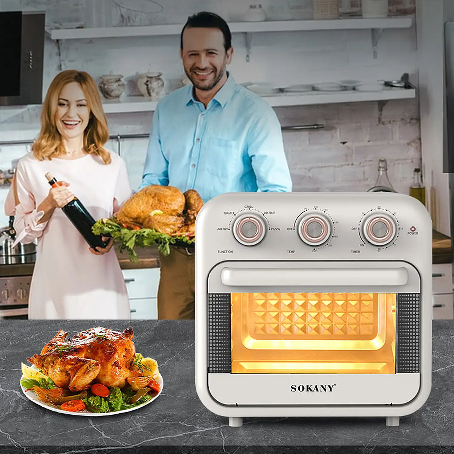 Horno freidora de aire con 18 litros de capacidad. Panel de control mecánico con 1800W de potencia, modos de cocción preestablecidos y 5 accesorios.