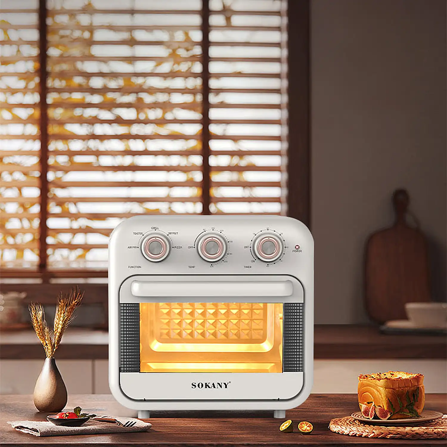 Horno freidora de aire con 18 litros de capacidad. Panel de control mecánico con 1800W de potencia, modos de cocción preestablecidos y 5 accesorios.
