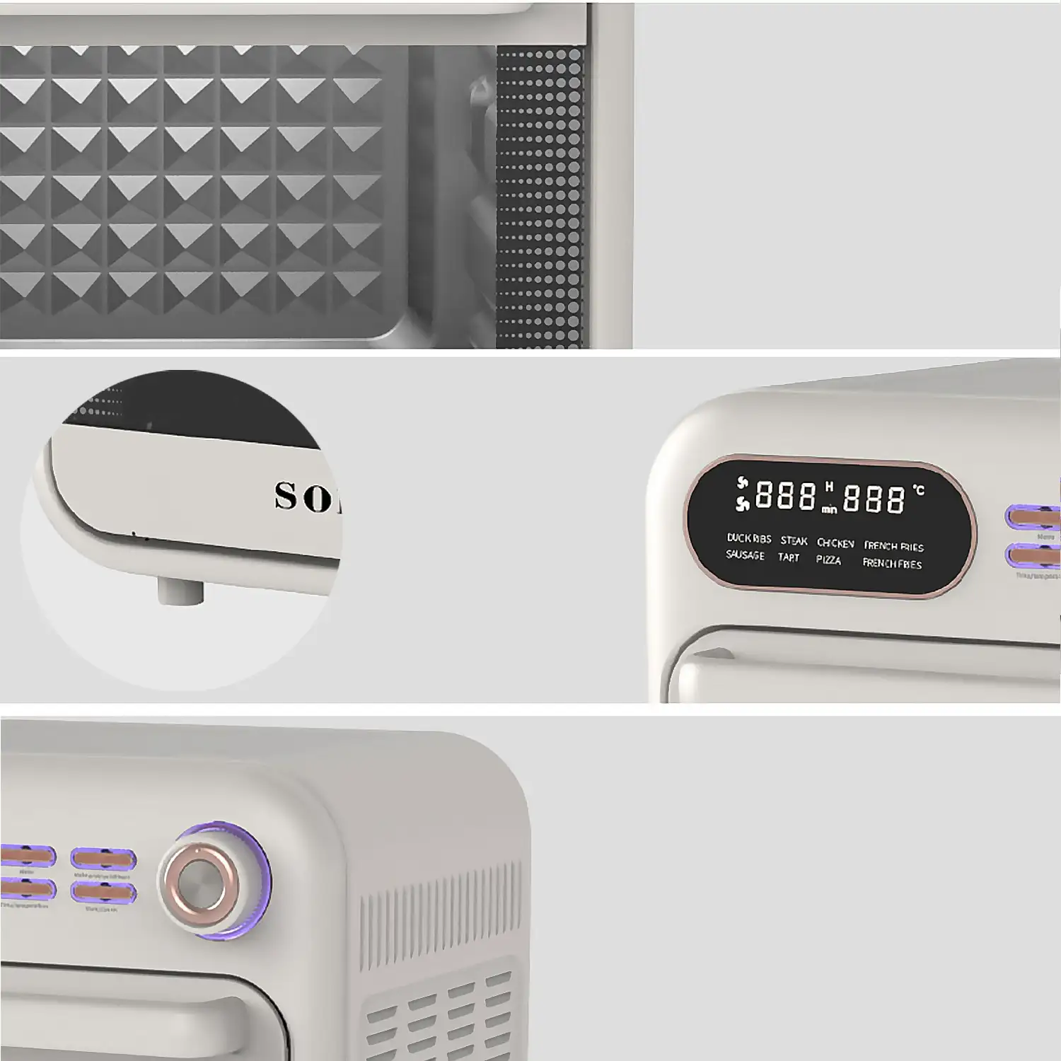 Horno freidora de aire con 18 litros de capacidad. Panel de control mecánico con 1800W de potencia, 16 modos de cocción preestablecidos y 5 accesorios.