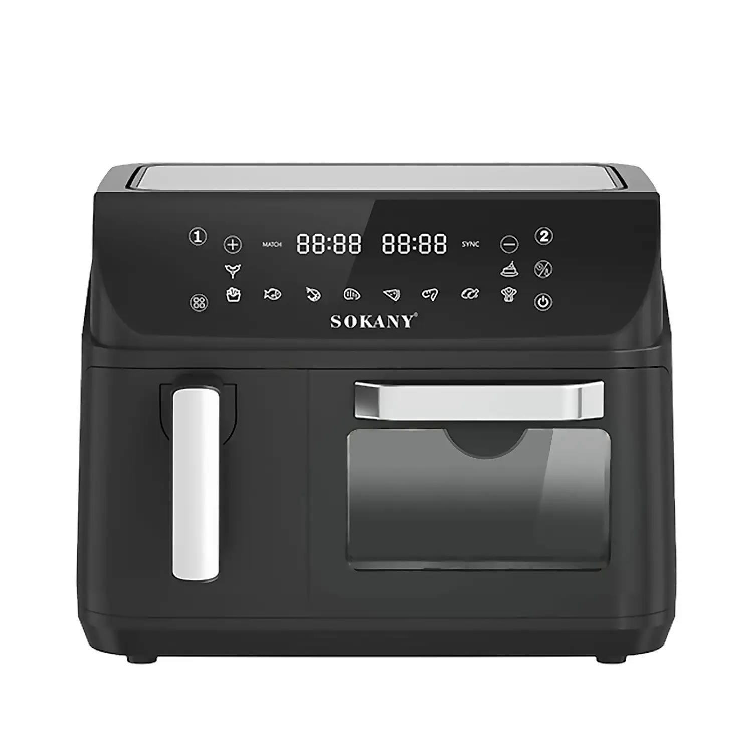 Freidora de aire y horno con 12,5L de capacidad, compartimento de 8,5L + cesta de 4L. Panel digital táctil, 2400W de potencia y ventana de visualización.