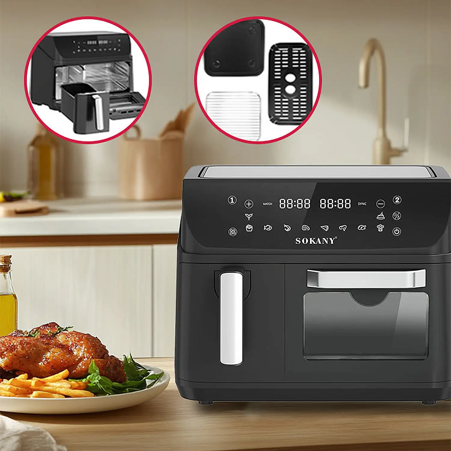Freidora de aire y horno con 12,5L de capacidad, compartimento de 8,5L + cesta de 4L. Panel digital táctil, 2400W de potencia y ventana de visualización.