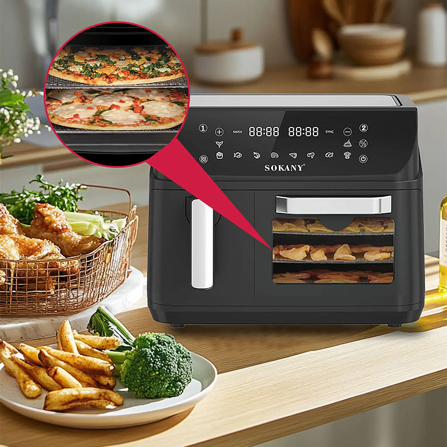 Freidora de aire y horno con 12,5L de capacidad, compartimento de 8,5L + cesta de 4L. Panel digital táctil, 2400W de potencia y ventana de visualización.